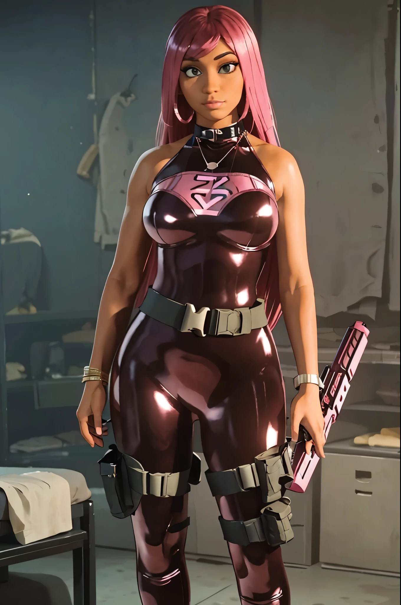 1girl, solo, nicki minaj curvy, dark skin, long pink hair with bangs, makeup, super detailed, insanely inflated hips, glossy pink latex jumpsuit holding an anti-tank gun, glossy pink latex outfit, wearing black utility belt and gun holsters, background is ruined city, warzone, female action girl,