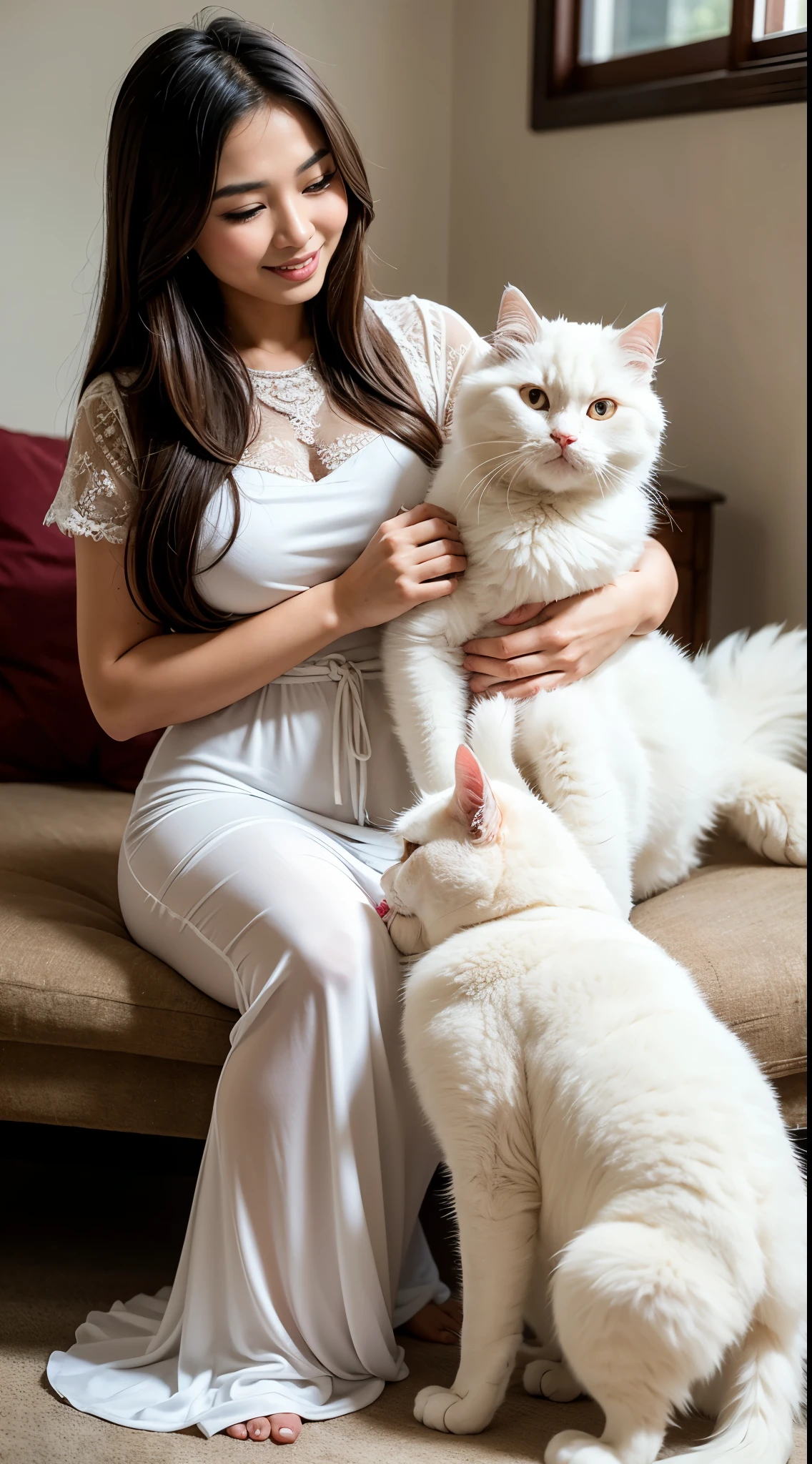 Design a heartwarming scene as the young Malay woman interacts with her beloved cat pet, big fluffy white persian cat, beautiful woman with beautiful fit body, wearing long dress, sitting in bedroom, long brown hair,big breast, showcasing the bond between them in a cozy home setting, bright lighting, happy, 8k, high quality, ray lighting,
