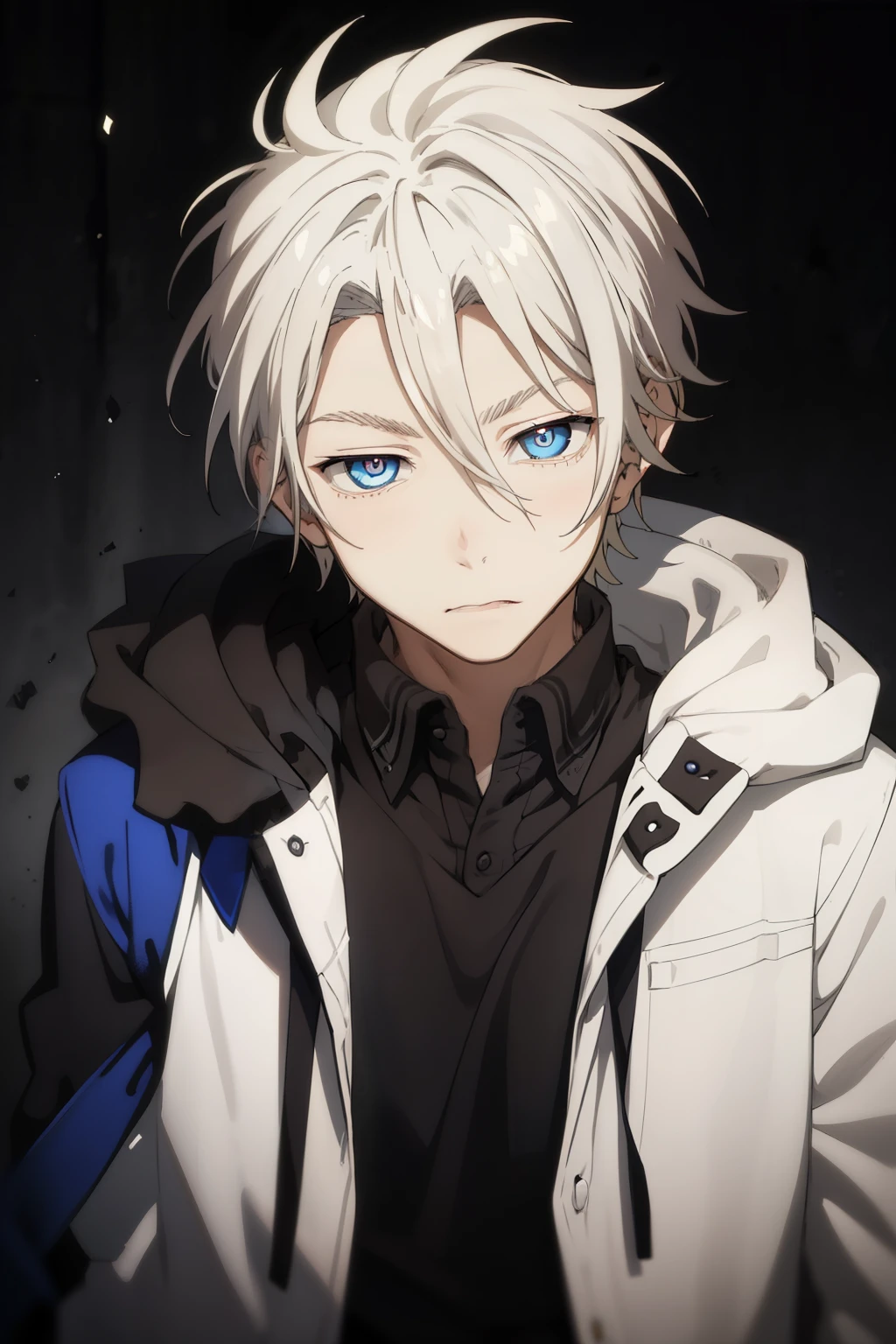 masterpiece, best quality, high quality, 1boy, solo, male focus, looking at viewer, upper body, king_of_despair, Blue eyes, White hair, hair between eyes, coat