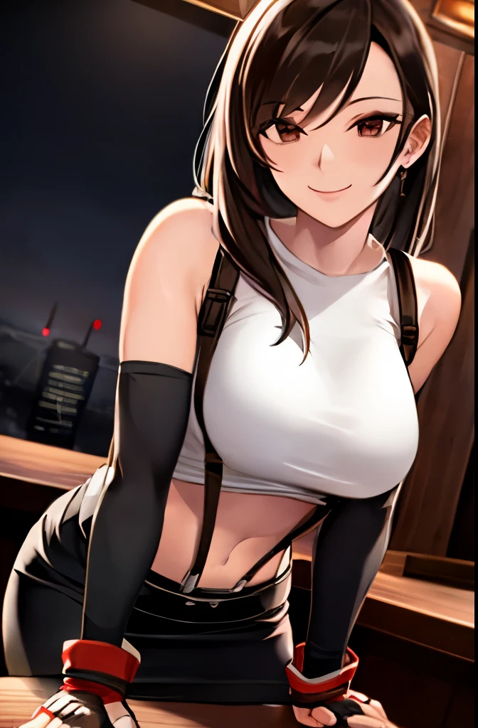 masterpiece, best quality, defTifa, white crop top, elbow pad, fingerless gloves, suspenders, pencil skirt, upper body, looking at viewer, leaning forward, smile, bar, city at night