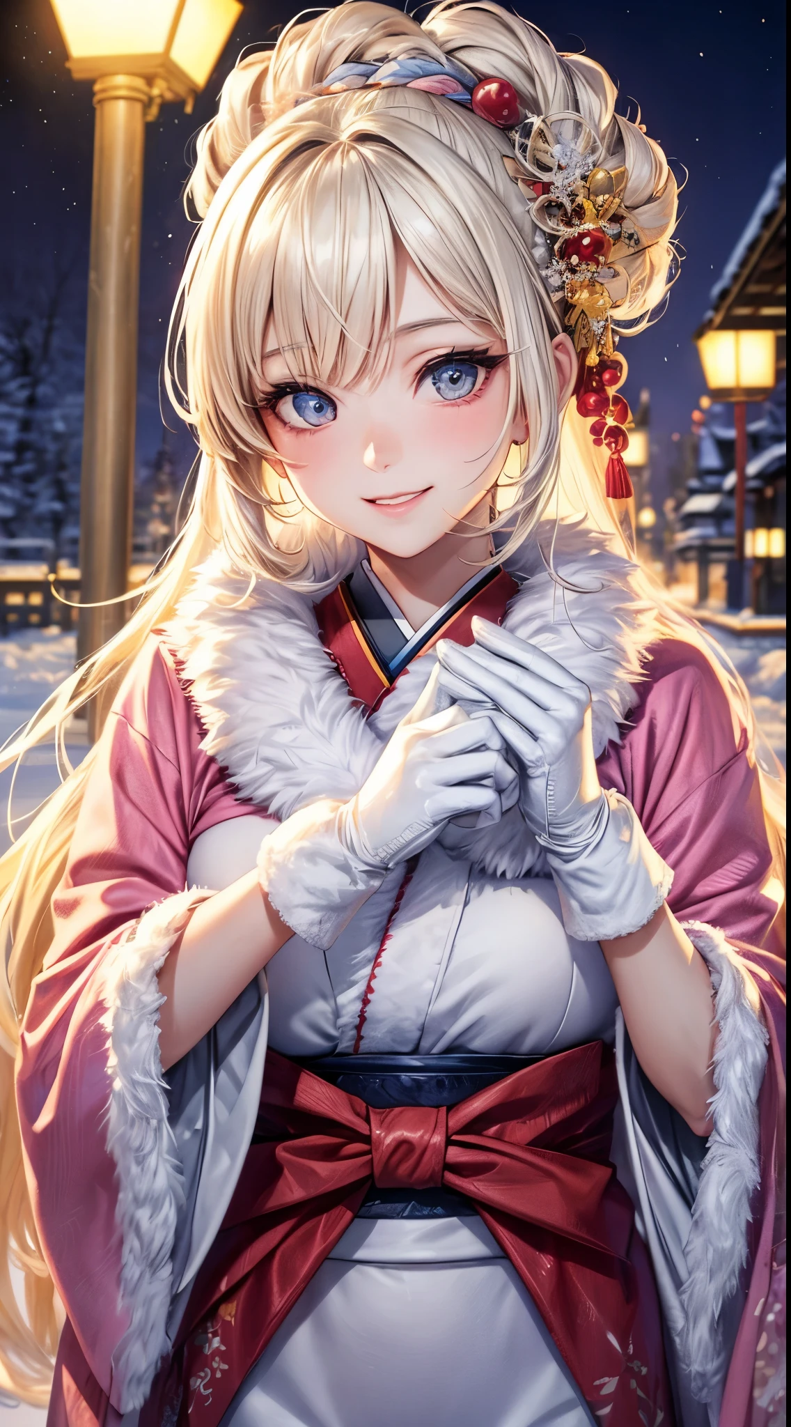 Very detailed CG Unity 8K wallpaper, Cute One Girl, Mature blonde girl, beautiful Girl, hot maiden, pale skin (Super masterpiece, Beautiful person, well detailed face polluted smile, Photorealistic, hyper realisitic), colorful winter pink kimono 、has white fur、 Wearing white gloves,Japanese Style Hair Accessories、Girl holding a cute white cat, (Light Lighting)、smil,Upper body 、Japan background