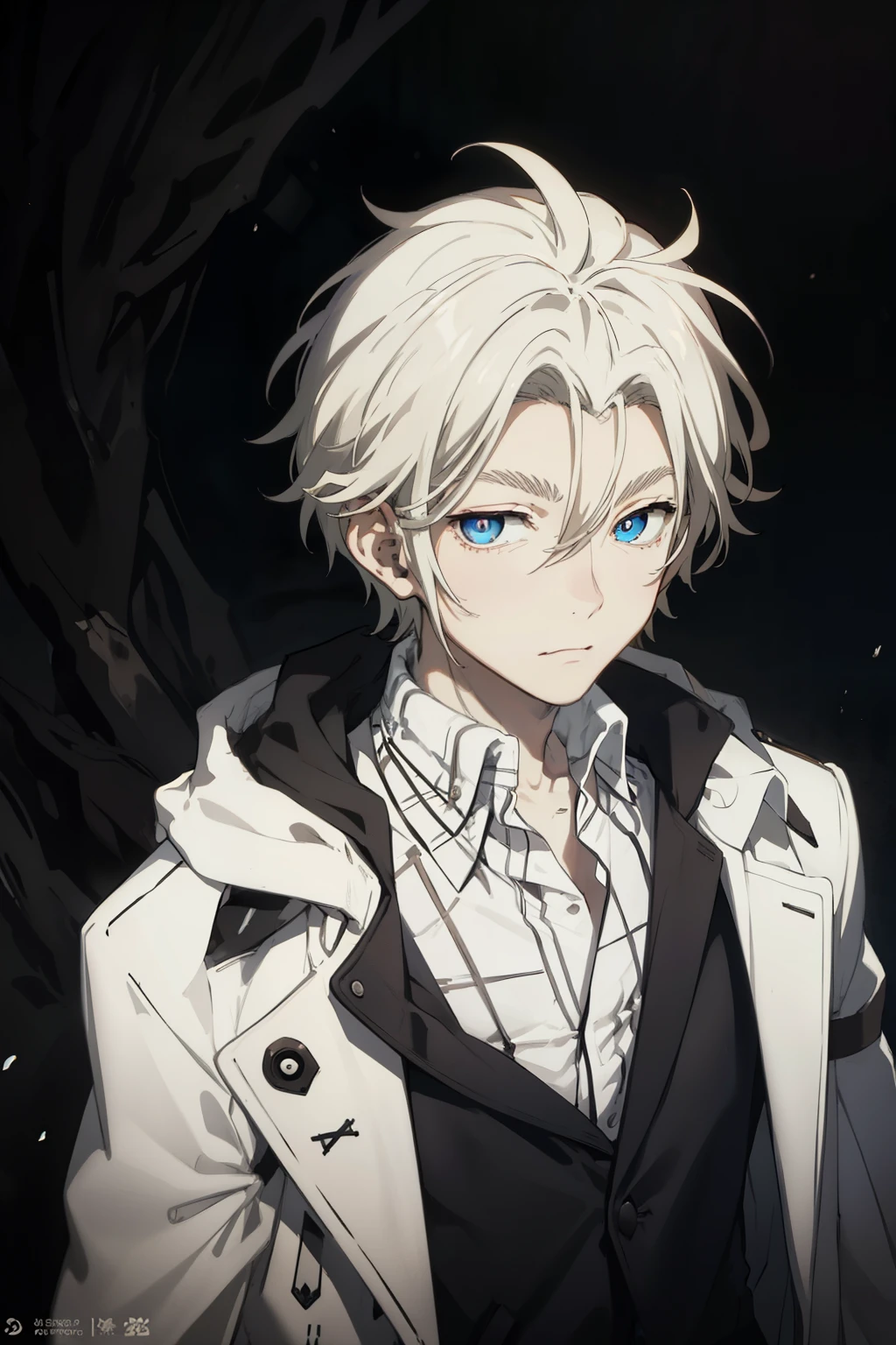 masterpiece, best quality, high quality, 1boy, solo, male focus, looking at viewer, upper body, king_of_despair, Blue eyes, White hair, hair between eyes, coat