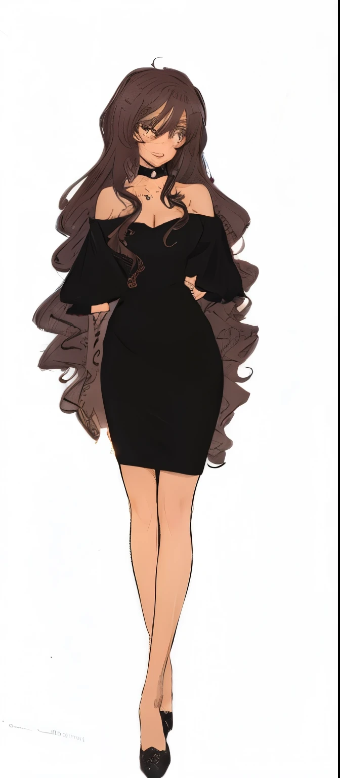 Realistic girl, long brown hair, black dress