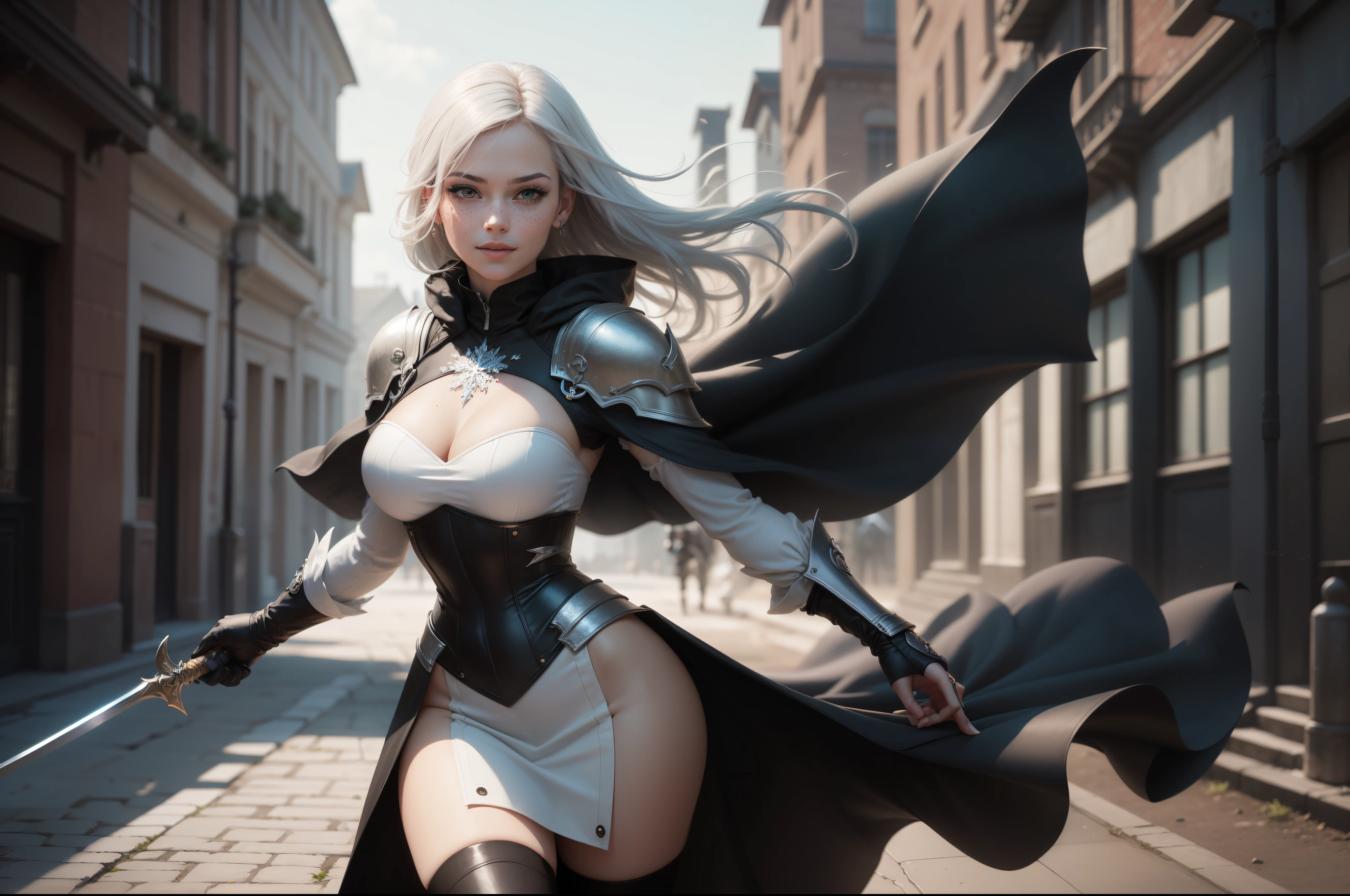 gwen tennyson,1girl,yorha 2b,riven,tracer, overwatch,atelier ryza,close up,battlefield view,tattoos,royal black and white plugsuit,white short sleeve knight top,black knight full steel armor,tight knight skirt,white knight corset,steel leggings,long hair,princess makeup,green eyes,multicolored silver hair,long dress train,shy smile,freckles,beautiful girl, knight thigh high boots,large breasts,8k,ultra detailed,realistic,fantasy art,silver knight uniform,queen gown dress,hair pin,ear piercings,snowflake hand and neck jewelry,(weather:windy),long black knight cape,holding a sword on each hand,(pose:ready to attack),