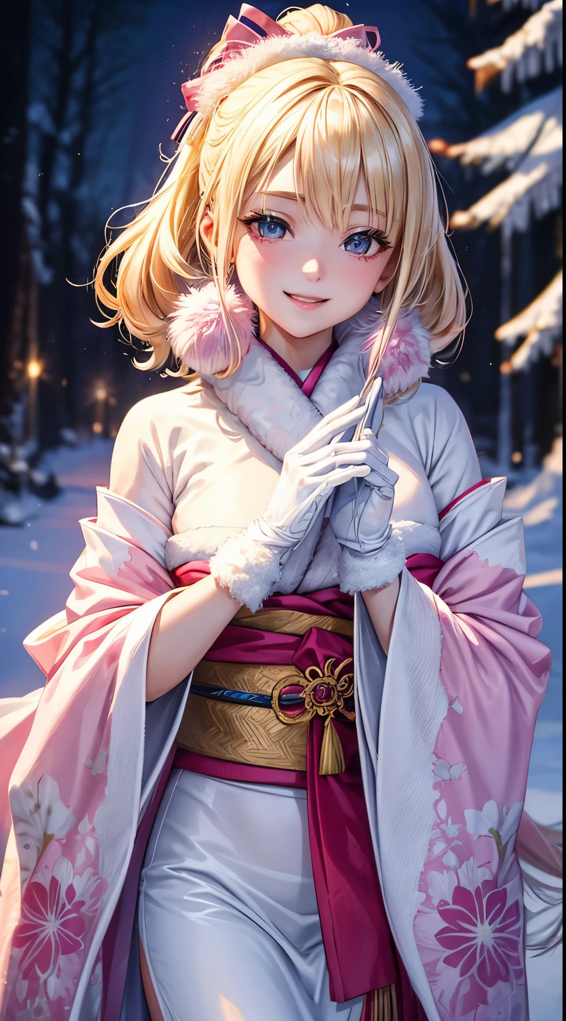 Very detailed CG Unity 8K wallpaper, Cute One Girl, Mature blonde girl, beautiful Girl, hot maiden, pale skin (Super masterpiece, Beautiful person, well detailed face polluted smile, Photorealistic, hyper realisitic), colorful winter pink kimono 、has white fur、 Wearing white gloves,Japanese Style Hair Accessories、 (Light Lighting)、smil,Upper body 、Japan background
