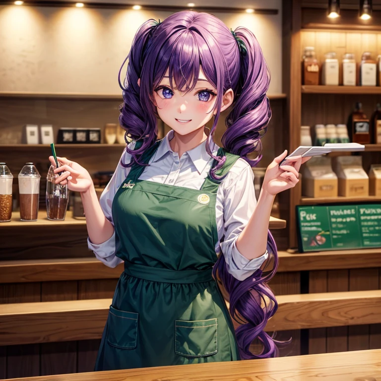 1girl in, Solo, Starbucks、counter、violet hair, Curly hair, poneyTail、Cafe clerk、Dark green apron、white  shirt、Invincible smile、 Standing, a closeup、Highest quality image quality、8K、An ultra-high picture quality、