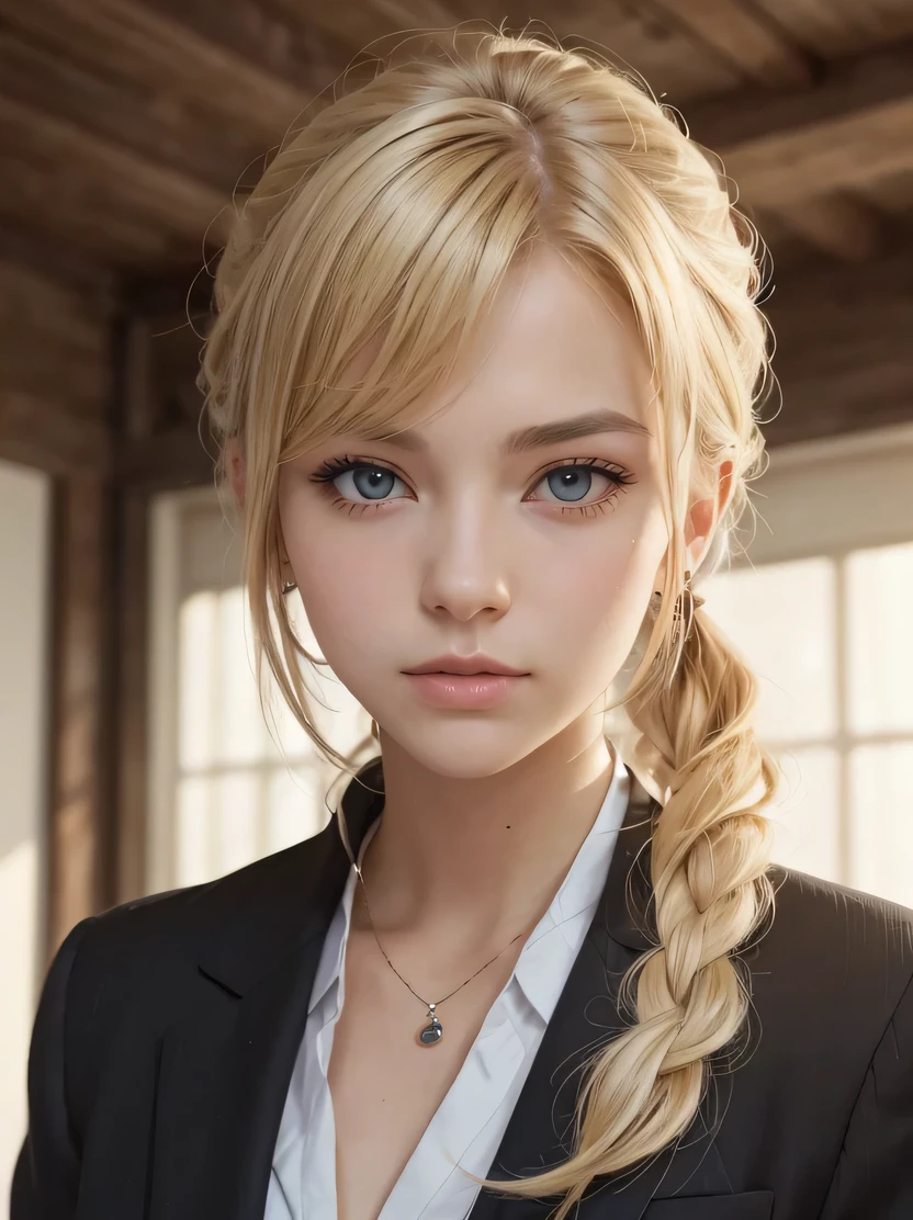 ((masterpiece、top-quality、realisitic、ultra-detailliert、hight resolution、Photorealsitic、foco nítido、photographrealistic、lighting like a movie))、Portrait of a European girl、独奏、20yr old、美丽的面容、Usserbody、Hair above one eye、medium sidecut、blonde hair、foco nítido、Black business suit