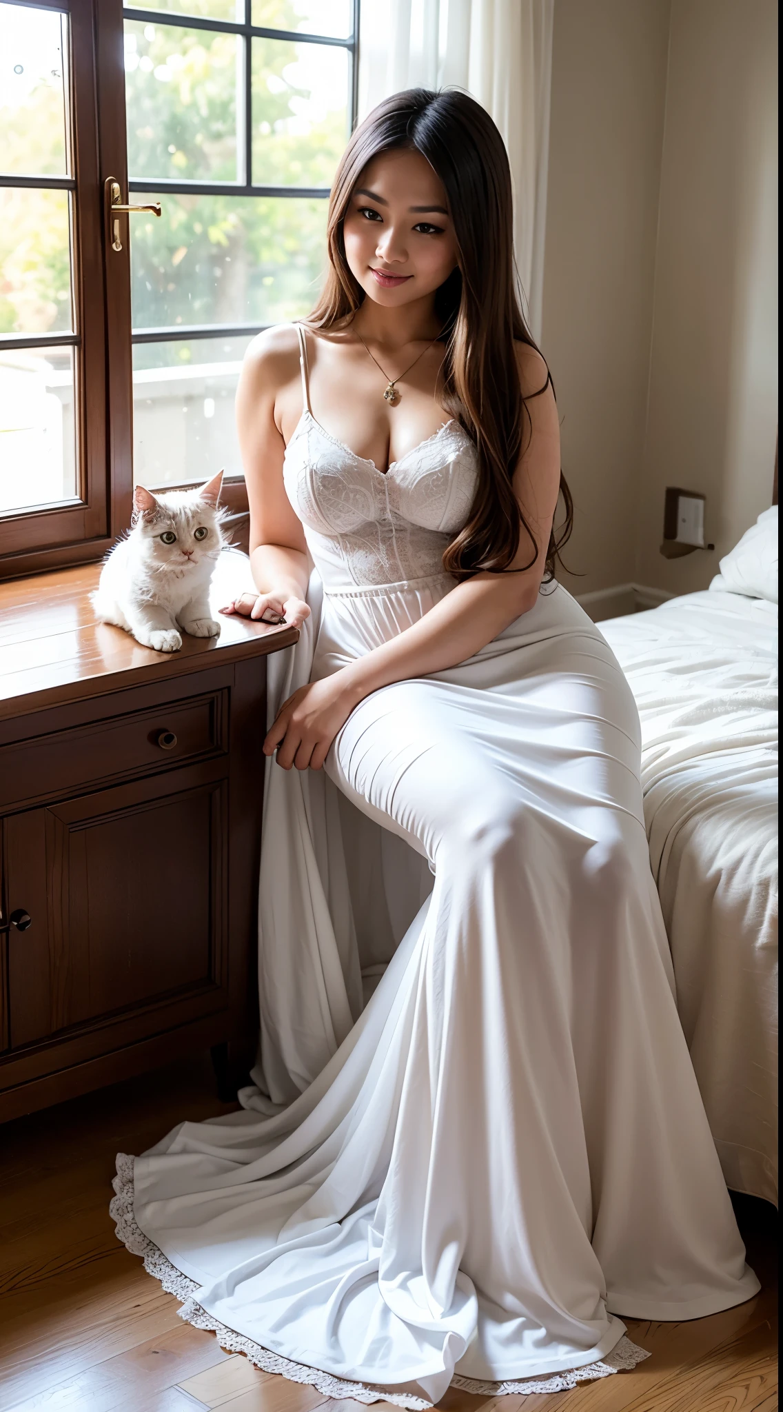 Design a heartwarming scene as the young Malay woman interacts with her beloved cat pet, big fluffy white persian cat, beautiful woman with beautiful fit body, wearing long dress, sitting in bedroom, long brown hair,big breast, showcasing the bond between them in a cozy home setting, bright lighting, happy, 8k, high quality, ray lighting,