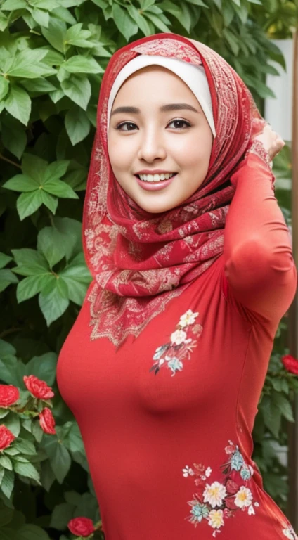 (8K, Raw photography, best quality, masterpiece: 1.2), ultra-detailed art, high resolution, (Photorealistic, Photorealistic photography: 1.37), High Detail RAW Color Photography, professional photography, very smooth and beautiful, highly detailed, Image Wallpaper 8K, amazingly detailed, large file size, Official artwork, Highly detailed 8K Unity CG wallpapers, Highly detailed beautiful women, extra detailed faces, highly detailed eyes, highly detailed eyebrows, highly detailed skin, highly detailed fingers, nose very detailed, very detailed mouth, perfect anatomy, very detailed background, (lighting), detailed light rays, (medium chested:1.1), ((hijab sharia clothing:1.1;)), ((tiny body) ), ((photo of a woman wearing a red hijab with a floral pattern)), ((Muslim woman wearing a red hijab with a floral pattern)), ((full body photo)), medium breasts, thick eyebrows, ((looking at the audience)), ((graceful pose )), ((standing straight in the flower garden)), hands behind head)), ((both hands behind back)), (spreading armpits), ((smiling face)), happy face, laughing face, creative upper class , showing all parts of the body