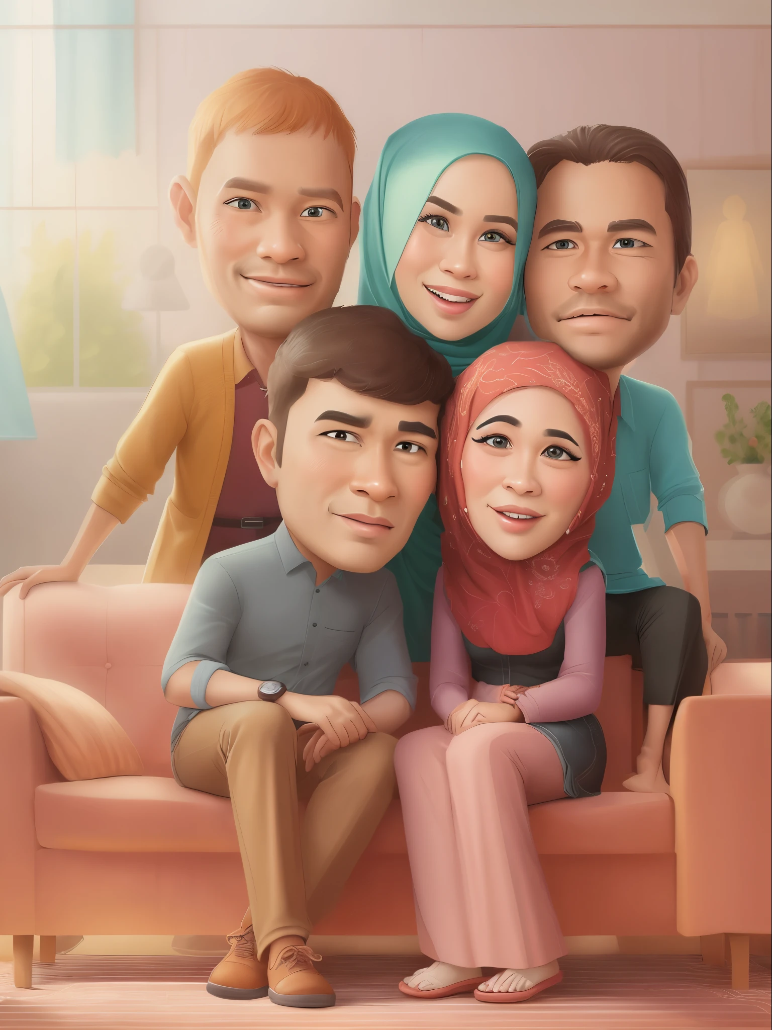 cartoon of a family sitting on a couch together, in cartoon style, Women wearing hijabs, all laughing happily, caricature illustration, an indonesian family portrait, cartoon artstyle, digital art cartoon, caricature style, potrait, cartoon portrait, cartoon digital art, happy family, realistic cartoon, cartoon art, by Abidin Dino, family portrait, digital panting, cartoon digital painting, cartoon art style