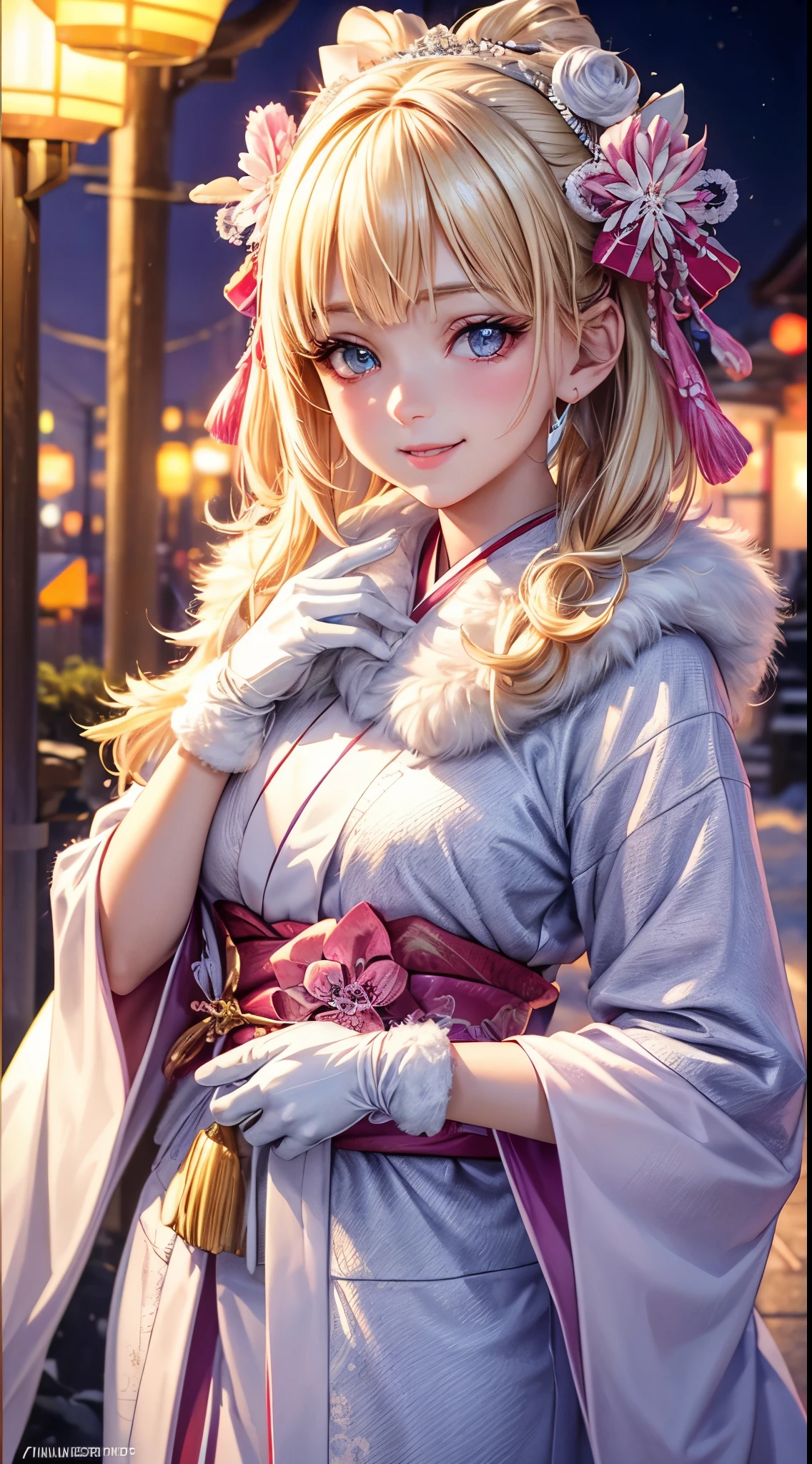 Very detailed CG Unity 8K wallpaper, Cute One Girl, Mature blonde girl, beautiful Girl, hot maiden, pale skin (Super masterpiece, Beautiful person, well detailed face polluted smile, Photorealistic, hyper realisitic), colorful winter pink kimono 、has white fur、 Wearing white gloves,Japanese Style Hair Accessories、 (Light Lighting)、smil,Upper body 、Japan background