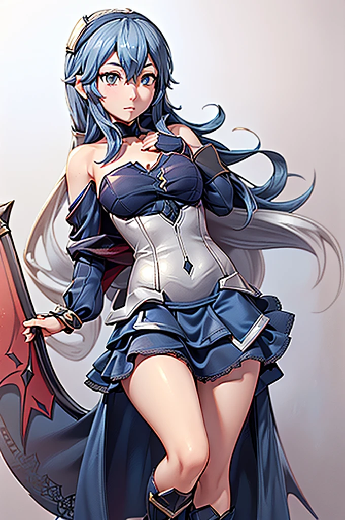 gran calidad ++ Extremely detailed high resolution, very aesthetic, ojos expresivos, (((Cara perfecta))), (((face symmetrical))), ((good anatomy)), (((manos perfectas))), (((8k))), UHD, Fondo de pantalla HD, (((alta calidra detallada, (((1girl))), ((((cuerpo completo)))), Fire emblem, Fire emblem Awakening, (((Lucina))), Lucina Fire emblem awakening, ((((dark blue silk strapless dress)))), ((((trimmed in silver thread with fine lace on the bodice fitted to the torso))), (((wide skirt with layered flounce reached her ankles))),
