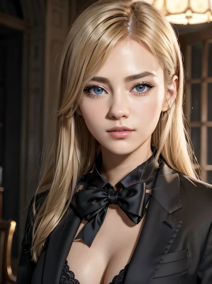 ((masterpiece、top-quality、realisitic、ultra-detailliert、hight resolution、Photorealsitic、foco nítido、photographrealistic、lighting like a movie))、Portrait of a European girl、独奏、20yr old、美丽的面容、slender physique、Hair above one eye、medium sidecut、blonde hair、Black business suit