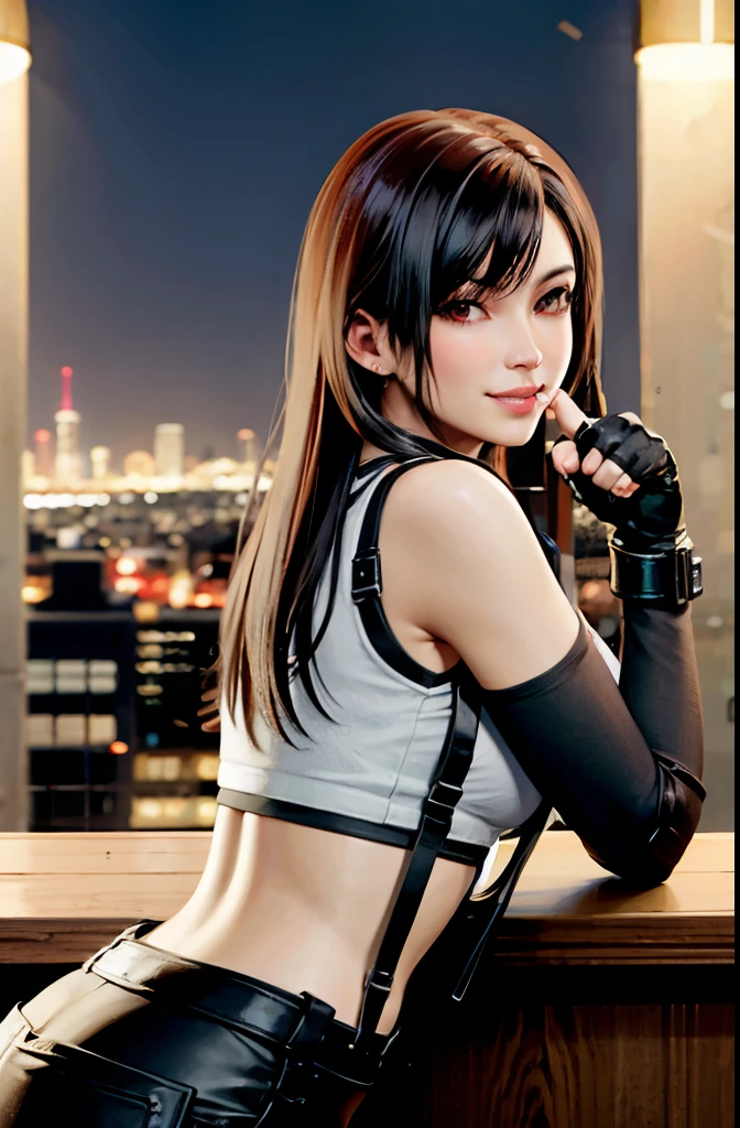 masterpiece, best quality, defTifa, white crop top, elbow pad, fingerless gloves, suspenders, pencil skirt, upper body, looking at viewer, leaning forward, smile, bar, city at night