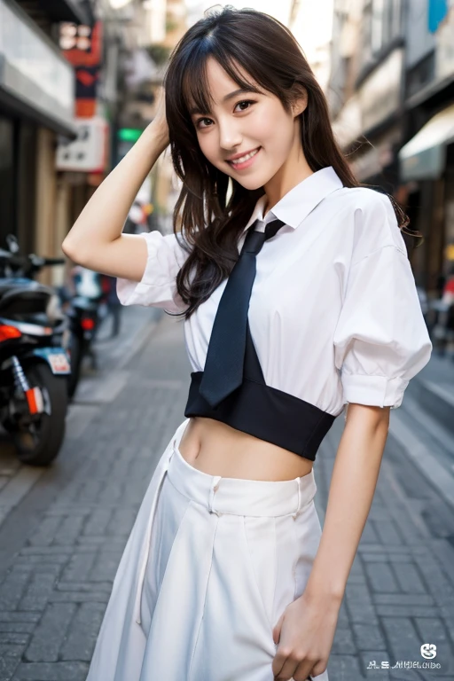 1girll, 165cm,Japanese idols and fashion models ,maturity,popular magazine models,Cool,22nd instar,slender body, C Cup,A dark-haired,Straight hair(Do not tie your hair down),Feline order,Whole body, Hair up to the waist, Whole body,((From head to foot)),8K, Raw photo, Best Quality, masutepiece,Realistic, Photorealsitic,Cute(Front Focus), A bright photo taken on a street corner in Osaka, photos realistic, Dynamic lighting, art stations, poster for, voluminetric lighting, extra detailed face, 4 k'',Daytime photos,low tune, The costume is monochrome and gal type.,Long hair,a smile, (Perfect Anatomy)a woman in a,夏天.Cute eyes