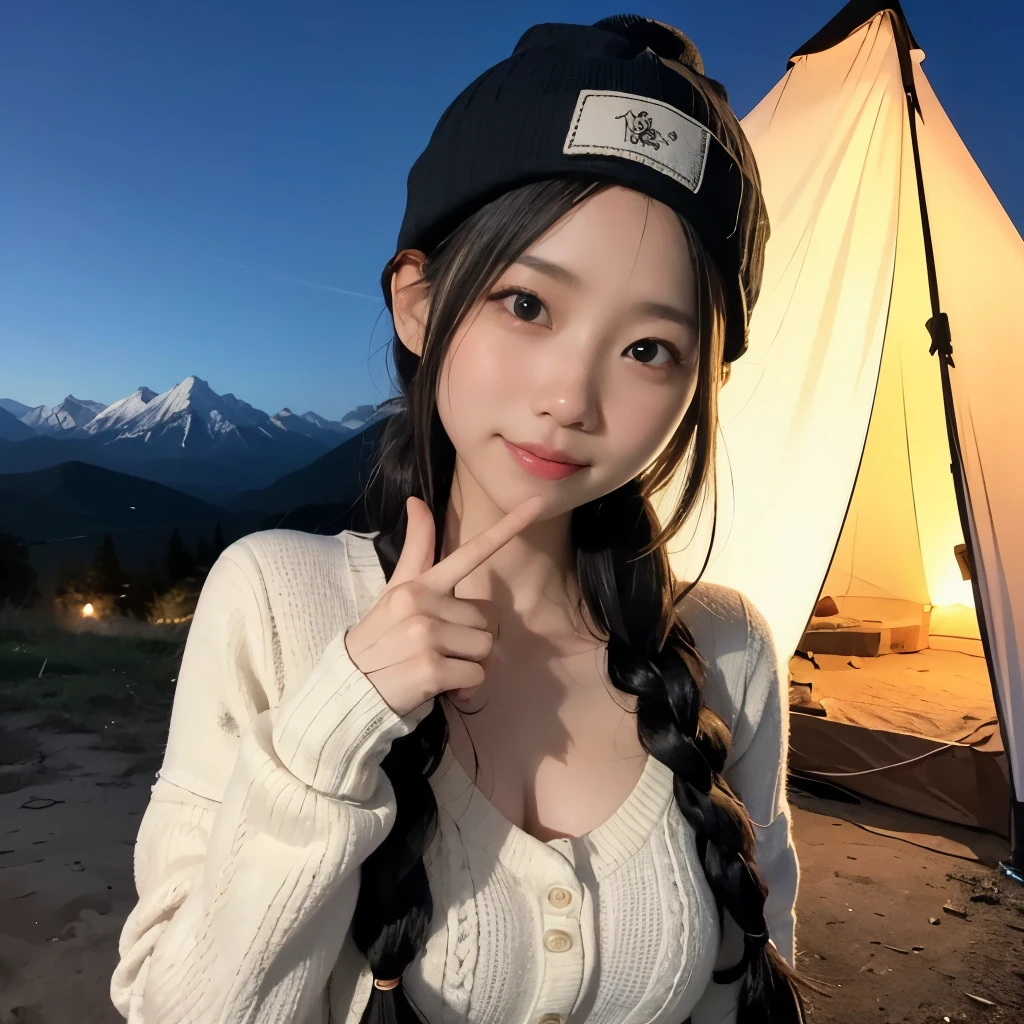 bonfireの前に座っている女の子,ssmile,Very cute,knit hat,black hair with braids,Slender but big breasts,tre anatomically correct,Precise fingers,Mountain Girl,At the campsite at night,bonfire,photorealisim,​masterpiece,hiquality,