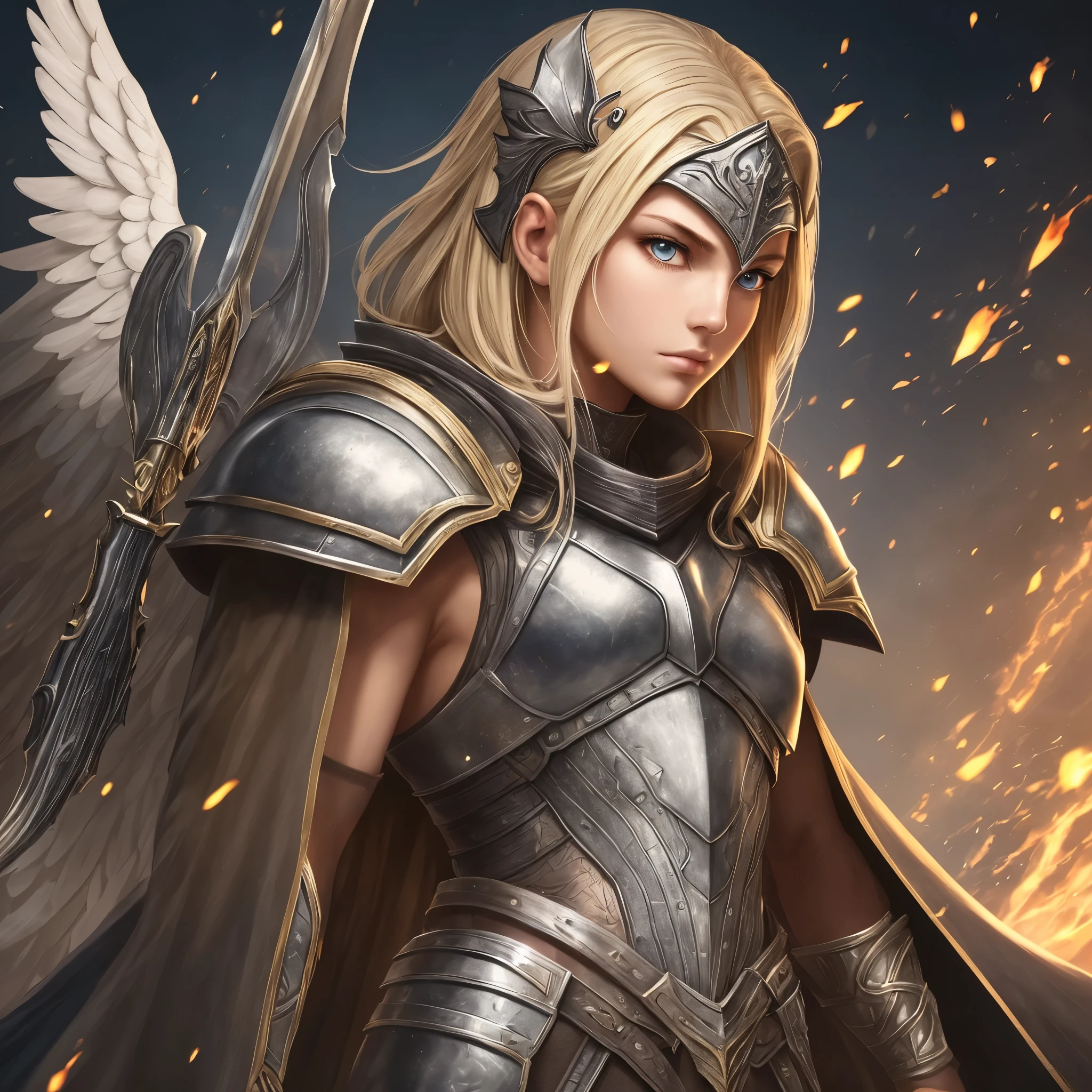 angelic warrior, legendary hero of medieval games, medium blond hair, yellow eyes, navy blue armor with silver tones --auto --s2