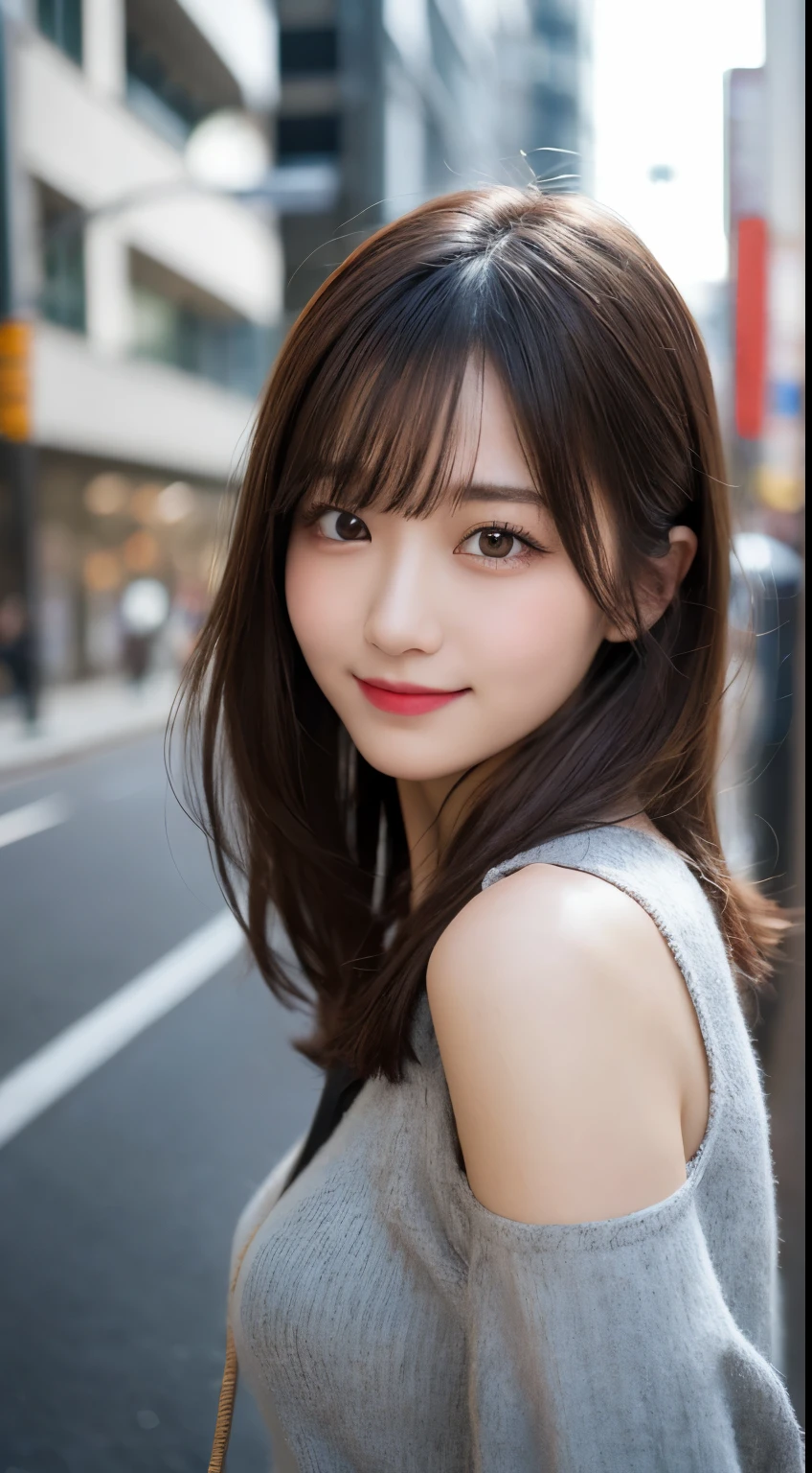 masutepiece, Best Quality, Illustration, Ultra-detailed, finedetail, hight resolution, 8K Wallpaper, Perfect dynamic composition, Beautiful detailed eyes, Tokyo trend fluffy black winter clothes,Medium Hair,have natural colored lips、small tits、sexypose,Smile,Akasaka、20 years girl、beautifull detailed face、Sexy face、Background blur、anatomically and physiologically correct body、Perfect and beautiful face,Raw photo、dishevled hair