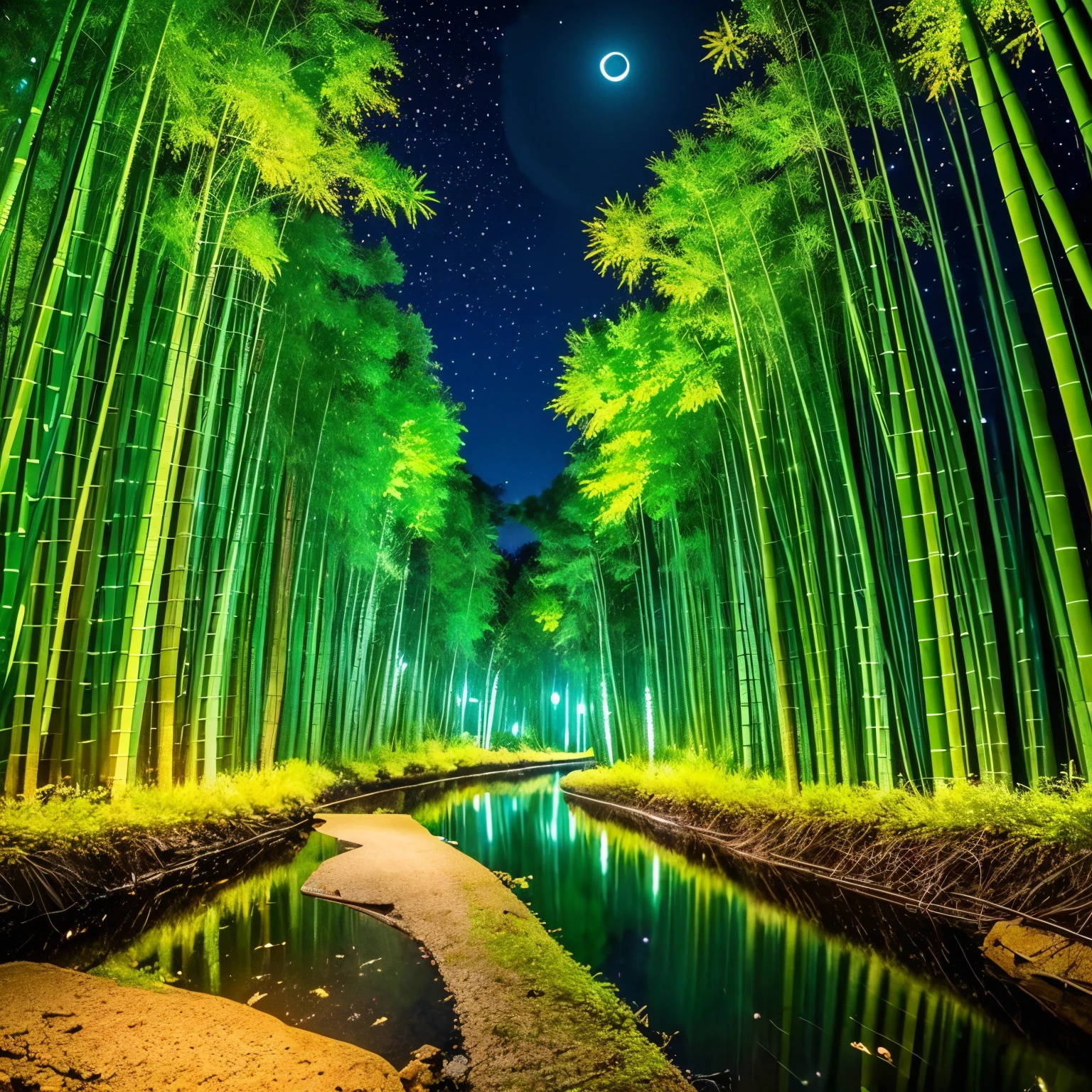 fireflies shining everywhere, super high quality, summer night, beautiful clear stream, bamboo forest, moon, starry sky