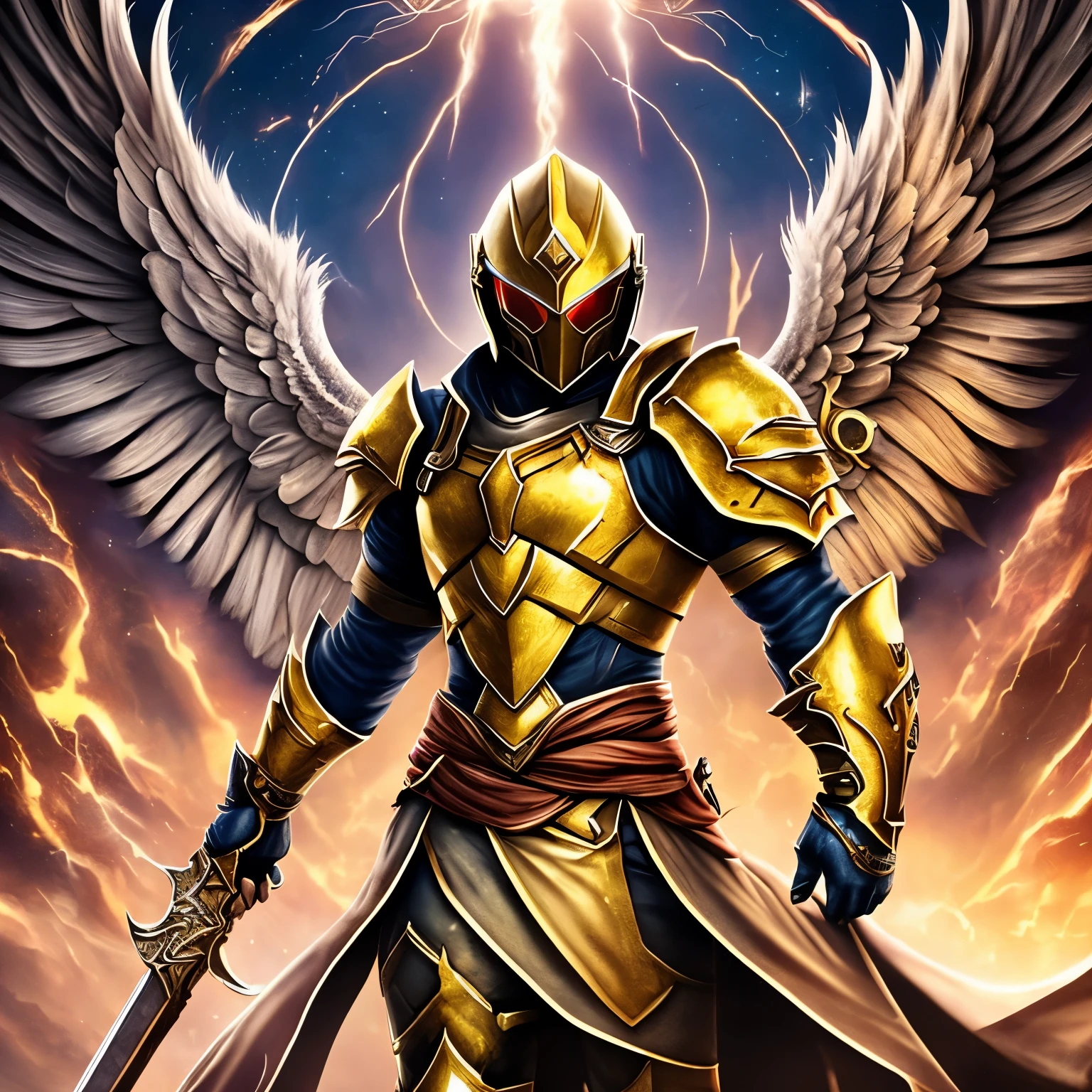 angelic warrior,legendary hero of medieval games,medium blond hair,yellow eyes,navy blue armor with silver tones,heroic pose,glowing divine sword,majestic wings,halo,serene expression,golden light,heroic background silhouette,vivid colors,portraits --auto --s2