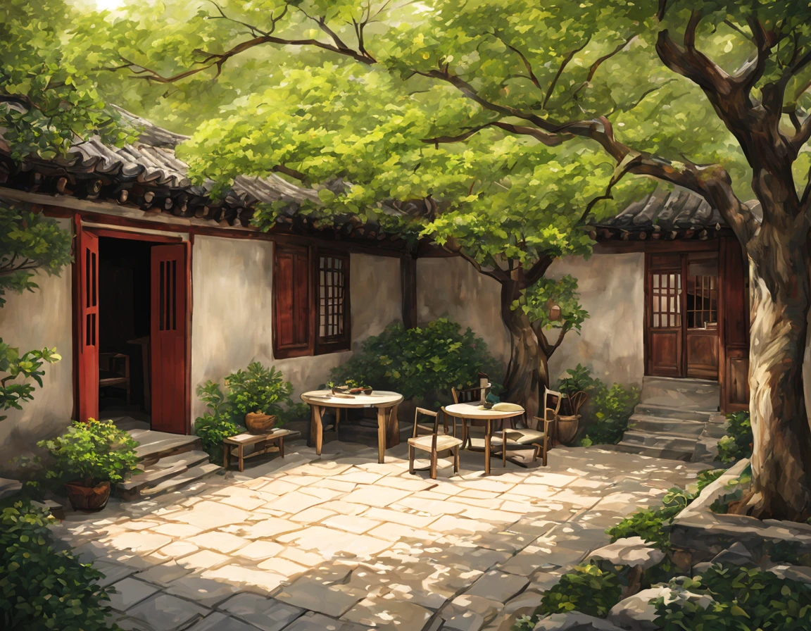 ancient china, Suzhou ancient house with an indoor yard, low white wall surrounding the yard, a semicircle door on the wall, on the left side of the yard there is only a big crape myrtle tree, under the tree there are stone chairs and a table, an old woman sitting on the chair under the myrtle tree, some sparrows perch on the table, spring morning,