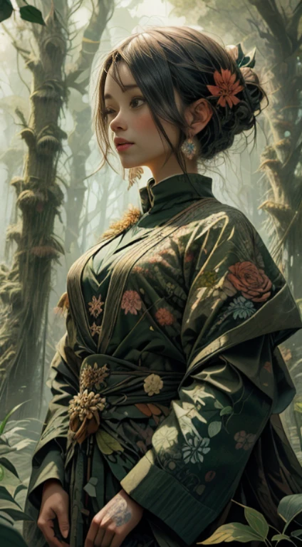 1 with forest clothes, flowers, leaves, mandalas, fractal, full female body,