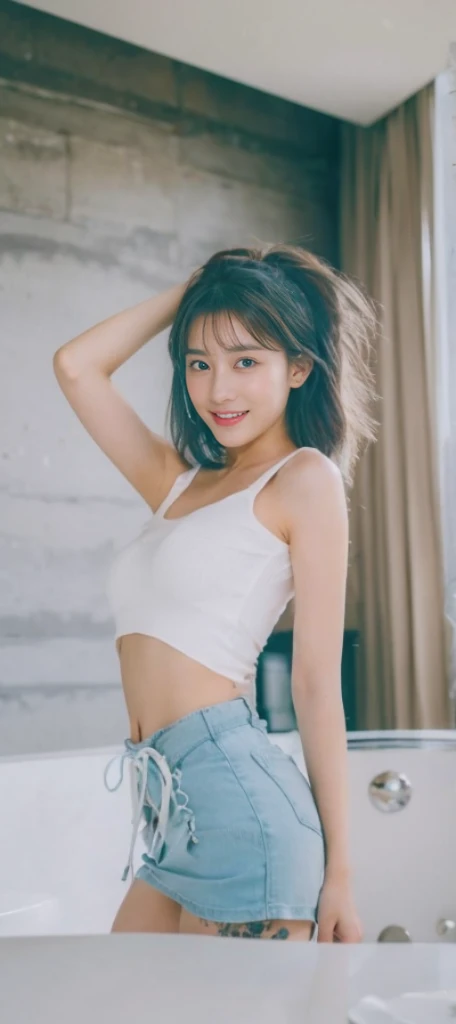 (one girl:1.3), skin head, Japanese high-school student, Amazing face and eyes, Looking at the camera, Smile full of joy、show teeth、Raise your hands behind your head、Show the armpits、(denim skirt:1.2),(Best Quality:1.4), extremely detailed CG unified 8k wallpaper, Highly detailed, High-definition raw color photos, professional photograpy, Realistic full-body shots, Filming in the studio、Plain wallpaper, sexy portrait of girl, Open exterior, looking at the front, spread legs on the floor, indian style, (show pantie)