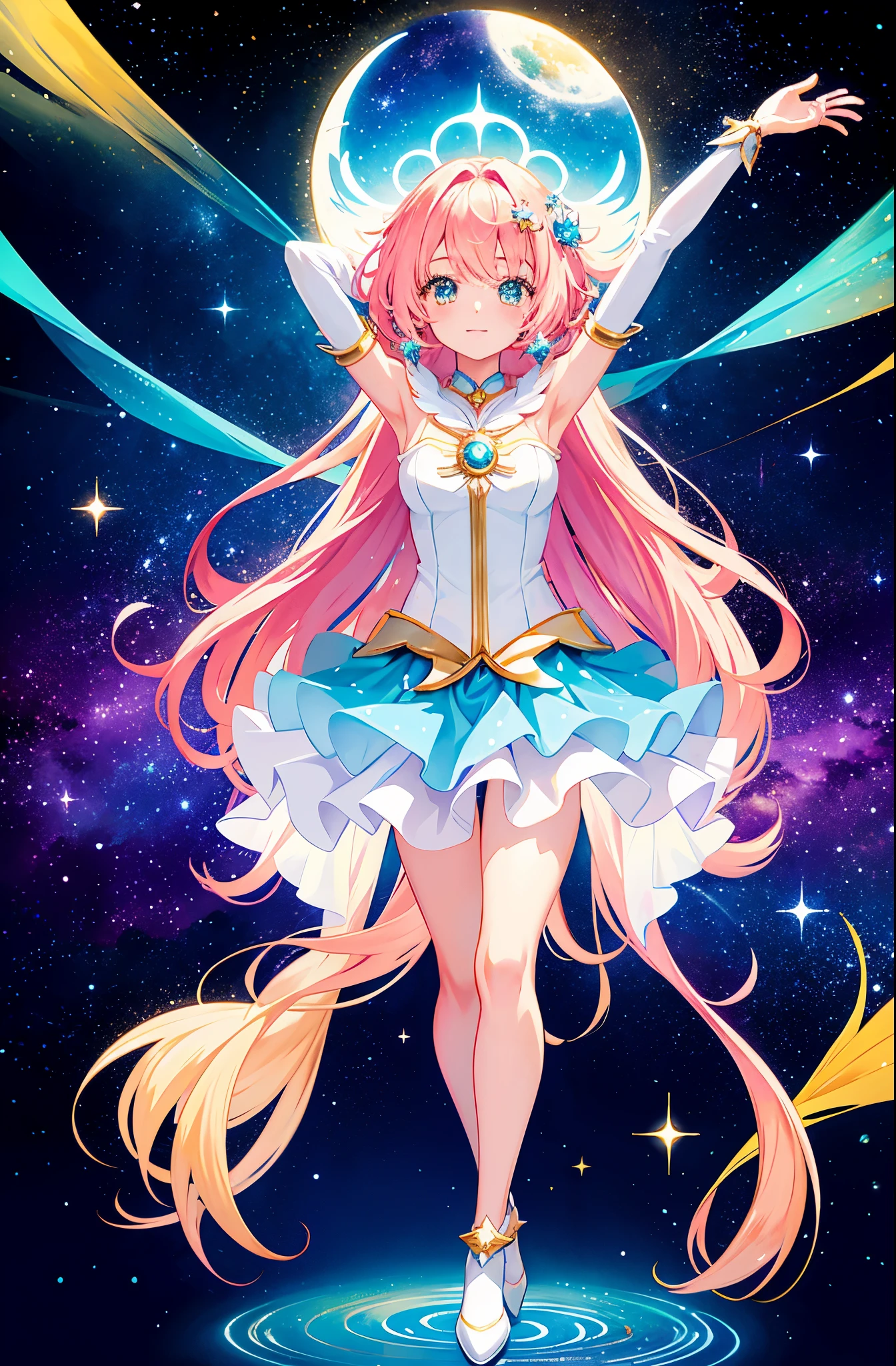 Anime star magical girl, sparkling magical girl, portrait of the magical girl, beautiful celestial mage, magical little girl, anime goddess, celestial magical girl, colorful gradient layered magical costume, (colorful), whimsical, cute, full body
