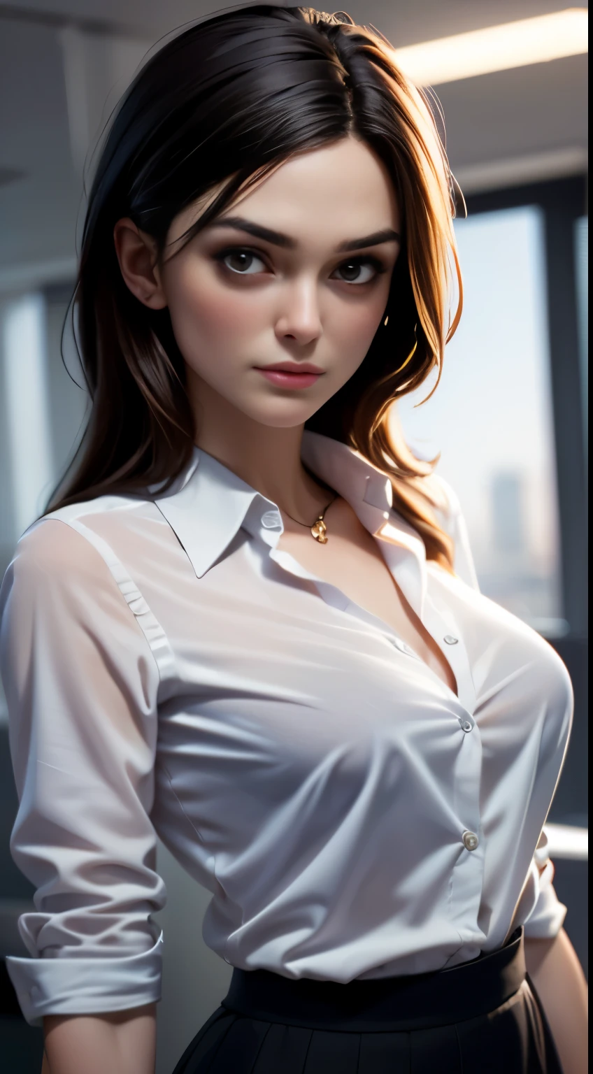 photo of Keira Knightley, RAW, beautiful woman, ((portrait)), ((detailed face:1.2)), ((detailed facial feature, detailed skin, clear skin), (perfect proportioned body, medium breasts), (wearing business attire, open opaque shirt, showing her breasts, sexy skirt) (high detailed office environment, closed blinds), (realistic photo, best quality, detailed), (8k wallpaper), (cinematic lighting, dramatic lighting) (sharp focus, intricate)