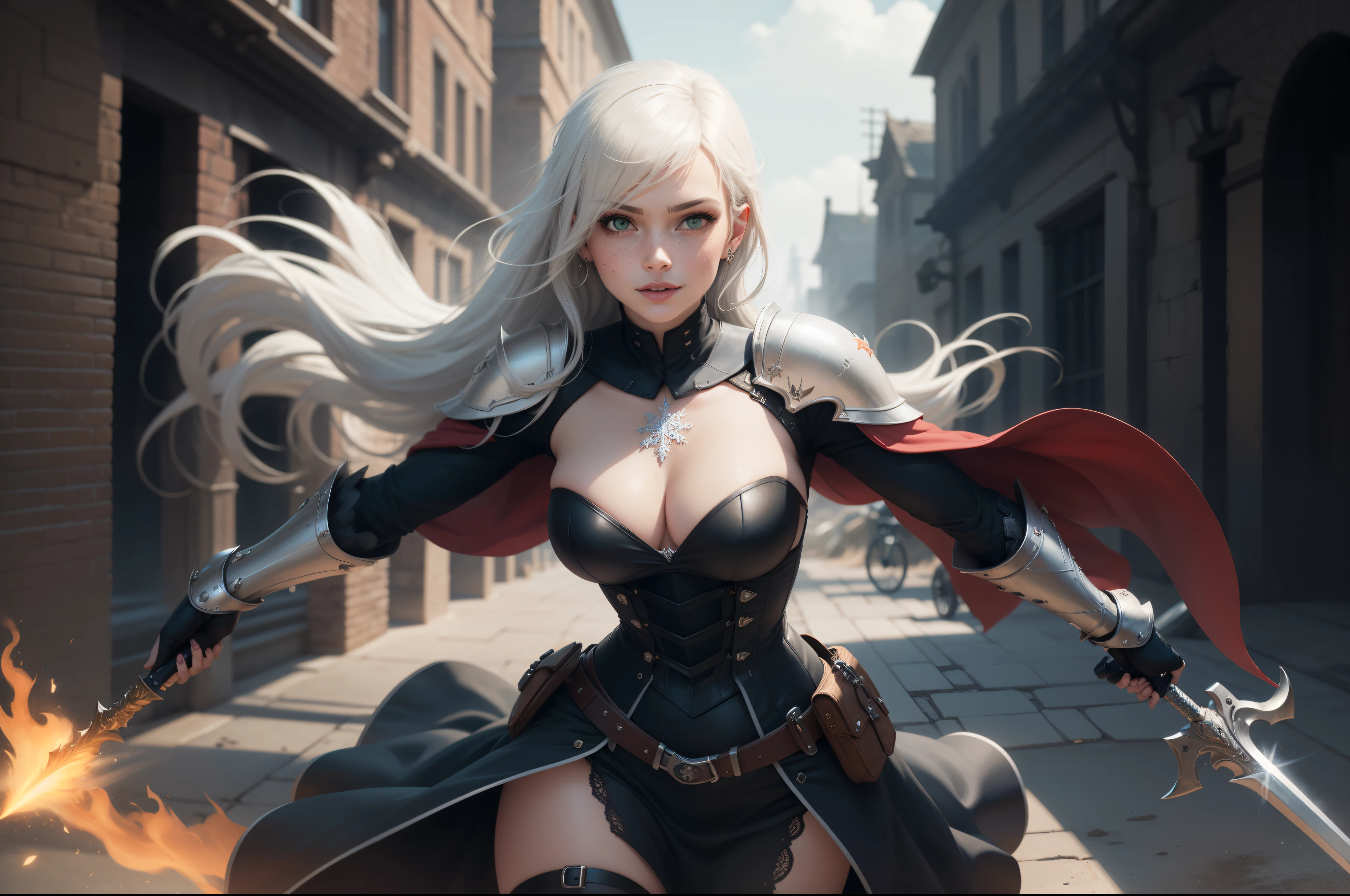 gwen tennyson,1girl,yorha 2b,riven,tracer, overwatch,atelier ryza,close up,battlefield view,tattoos,black and white plugsuit,white short sleeve knight top,black knight full steel armor,steel leggings,white knight corset,long hair,princess makeup,green eyes,multicolored silver hair,long dress train,fierce smile,freckles,beautiful girl,knight thigh high boots,large breasts,8k,ultra detailed,realistic,fantasy art,silver knight uniform,queen gown dress,hair pin,ear piercings,snowflake hand and neck jewelry,(weather:windy),long scarlet knight cape,holding a sword on each hand,(pose:ready to attack),