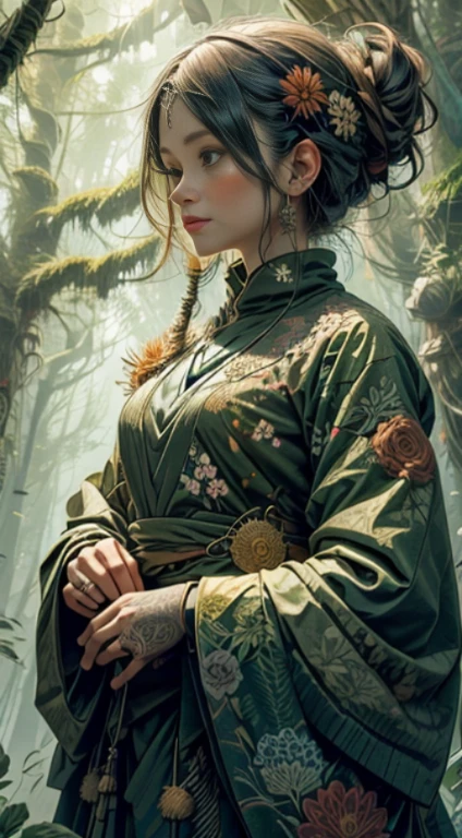 1 with forest clothes, flowers, leaves, mandalas, fractal