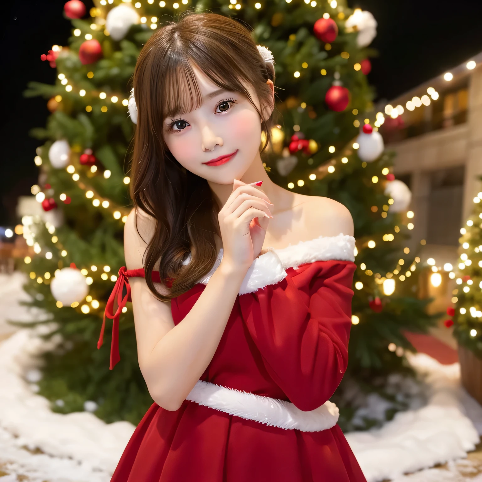 1girl in, Extremely cute face(girl in a beautiful red dress, Standing in front of a beautifully decorated Christmas tree),Christmas,Fun atmosphere,Twinkling lights,soft snowflakes fall,Best Quality,4K,Ultra-detailed,Vibrant colors,pine scent,Cozy,romantic,breathtaking scenery,Warmth,Happiness,Holiday spirit,Winter wonderland,pure love and kindness.、off shoulders、I keep my hair up and short、a baby face、a navel