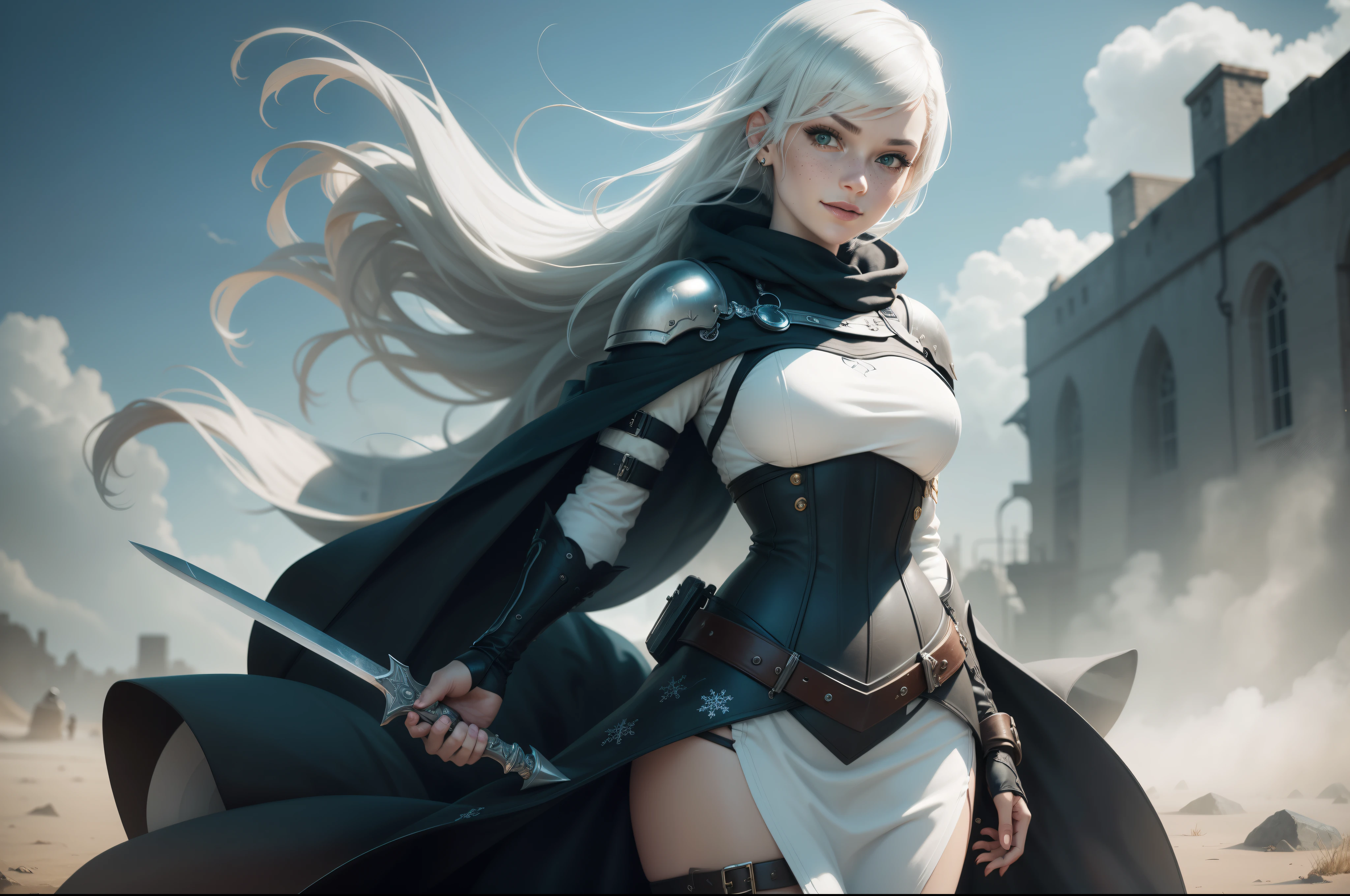 gwen tennyson,1girl,yorha 2b,riven,tracer, overwatch,atelier ryza,close up,battlefield view,tattoos,black and white plugsuit,white short sleeve knight top,black knight full steel armor,steel leggings,white knight corset,long hair,princess makeup,green eyes,multicolored silver hair,long dress train,fierce smile,freckles,beautiful girl,knight thigh high boots,large breasts,8k,ultra detailed,realistic,fantasy art,silver knight uniform,queen gown dress,hair pin,ear piercings,snowflake hand and neck jewelry,(weather:windy),long scarlet knight cape,holding a sword on each hand,(pose:ready to attack),