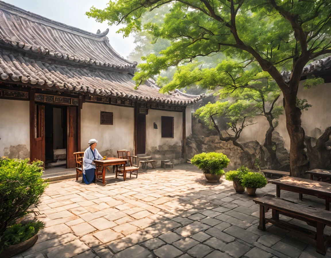 ancient china, Suzhou ancient house with an indoor yard, low white wall surrounding the yard, on the left side of the yard there is only a big crape myrtle tree, under the tree there are stone chairs and a table, there is an old woman sitting on the chair, spring morning,