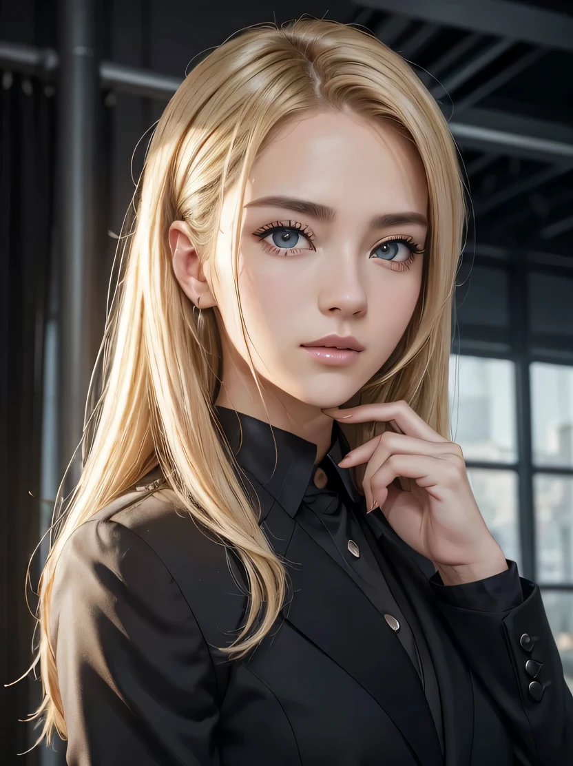 ((masterpiece、top-quality、realisitic、ultra-detailliert、hight resolution、Photorealsitic、foco nítido、photographrealistic、lighting like a movie))、bustshot、Portrait of a European girl、独奏、20yr old、美丽的面容、Hair above one eye、medium sidecut、blonde hair、Black business suit、Detailed hand depiction、Look at viewers