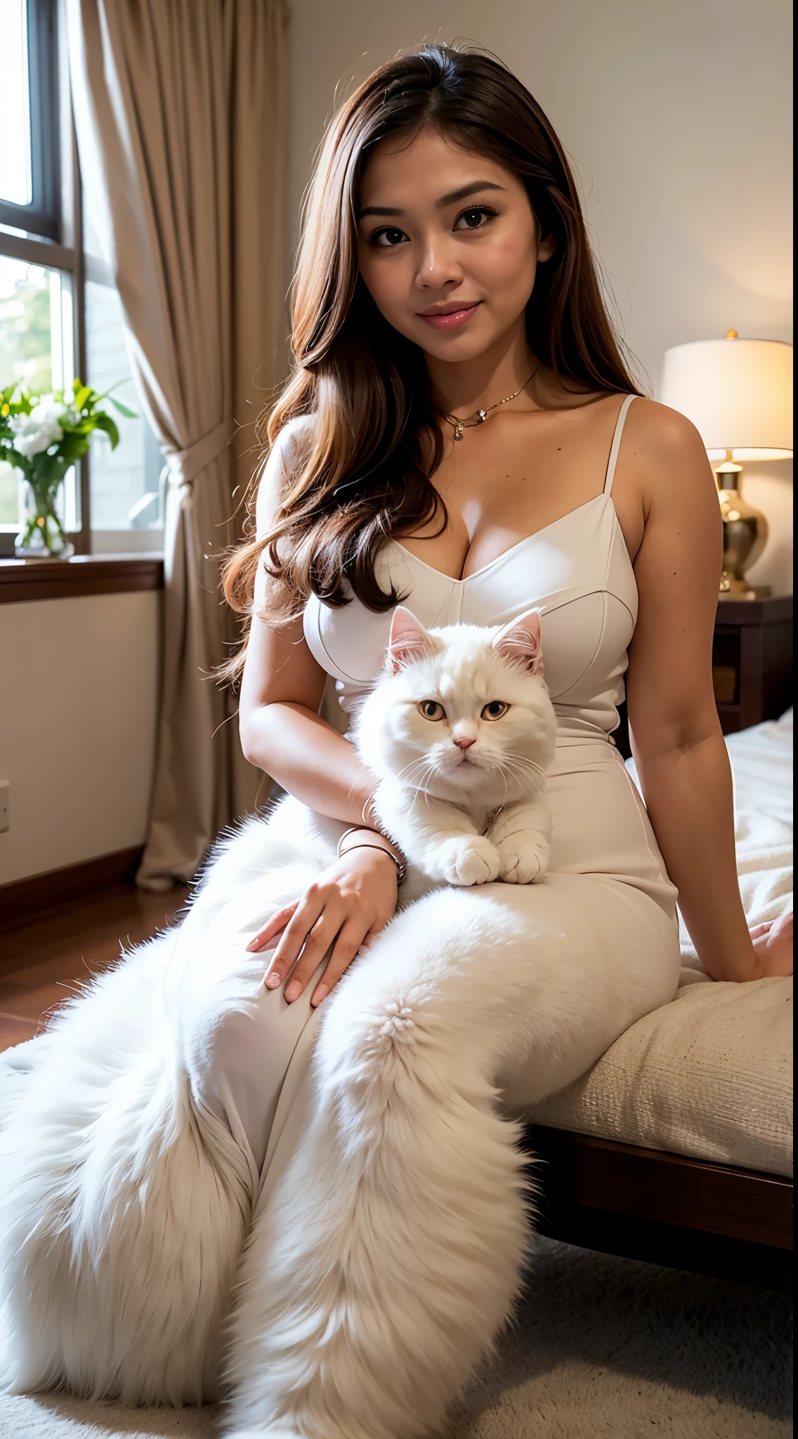 Design a heartwarming scene as the young Malay woman interacts with her beloved cat pet, big fluffy white persian cat, beautiful woman with beautiful fit body, wearing long dress, sitting in bedroom, long brown hair,big breast, showcasing the bond between them in a cozy home setting, bright lighting, happy, 8k, high quality, ray lighting,
