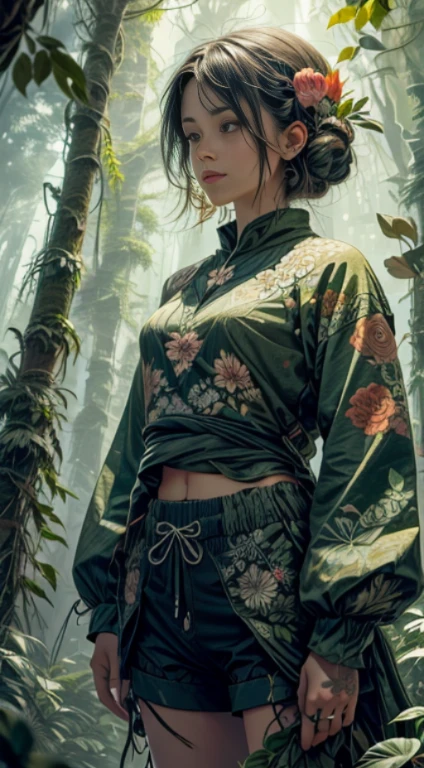 1 with forest shorts clothes, flowers, leaves, mandalas, fractal