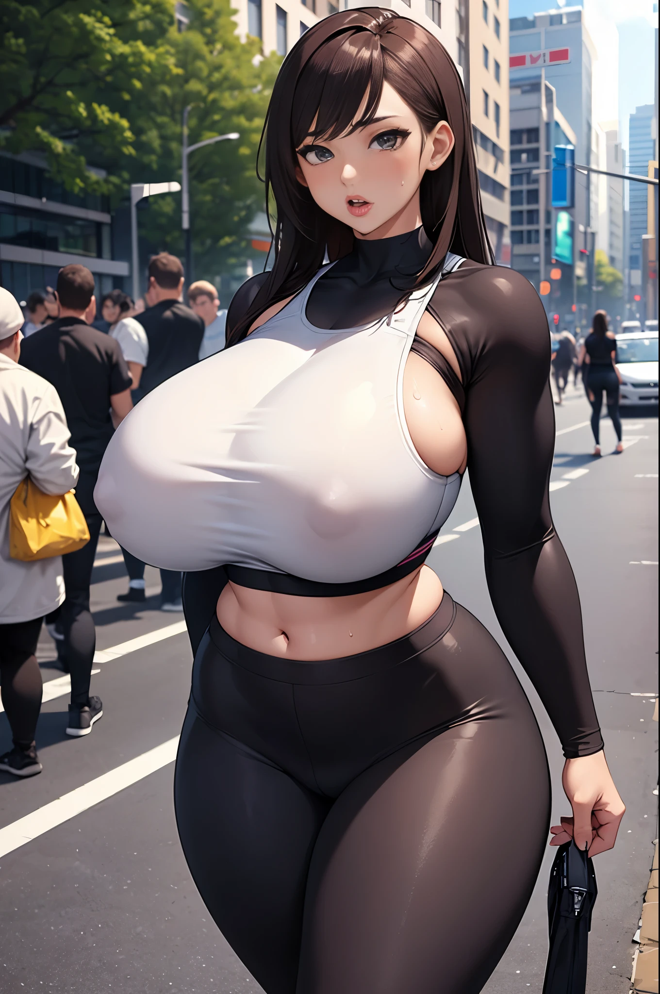 masterpiece, highest detailed,best quality, busty,(wide hips1.8),(thick thighs1.8),street background,(gigantic breasts1.8), beautiful, leggings, sports bra,walking,sweaty body, transparent, lipstick, mouth open