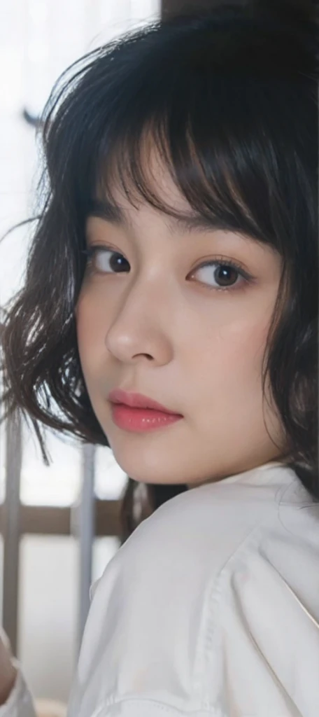 (On a table, Best quality, realistically, ultra - detailed, meticuloso, A high resolution, 8k wallpaper), Close-up portrait of a beautiful woman, Chariada, Smiling, light brown messy hair, Perfect dynamic composition, 美丽meticuloso的眼睛, Just like the cover of a fashion magazine, On campuigger,Ultimate detail