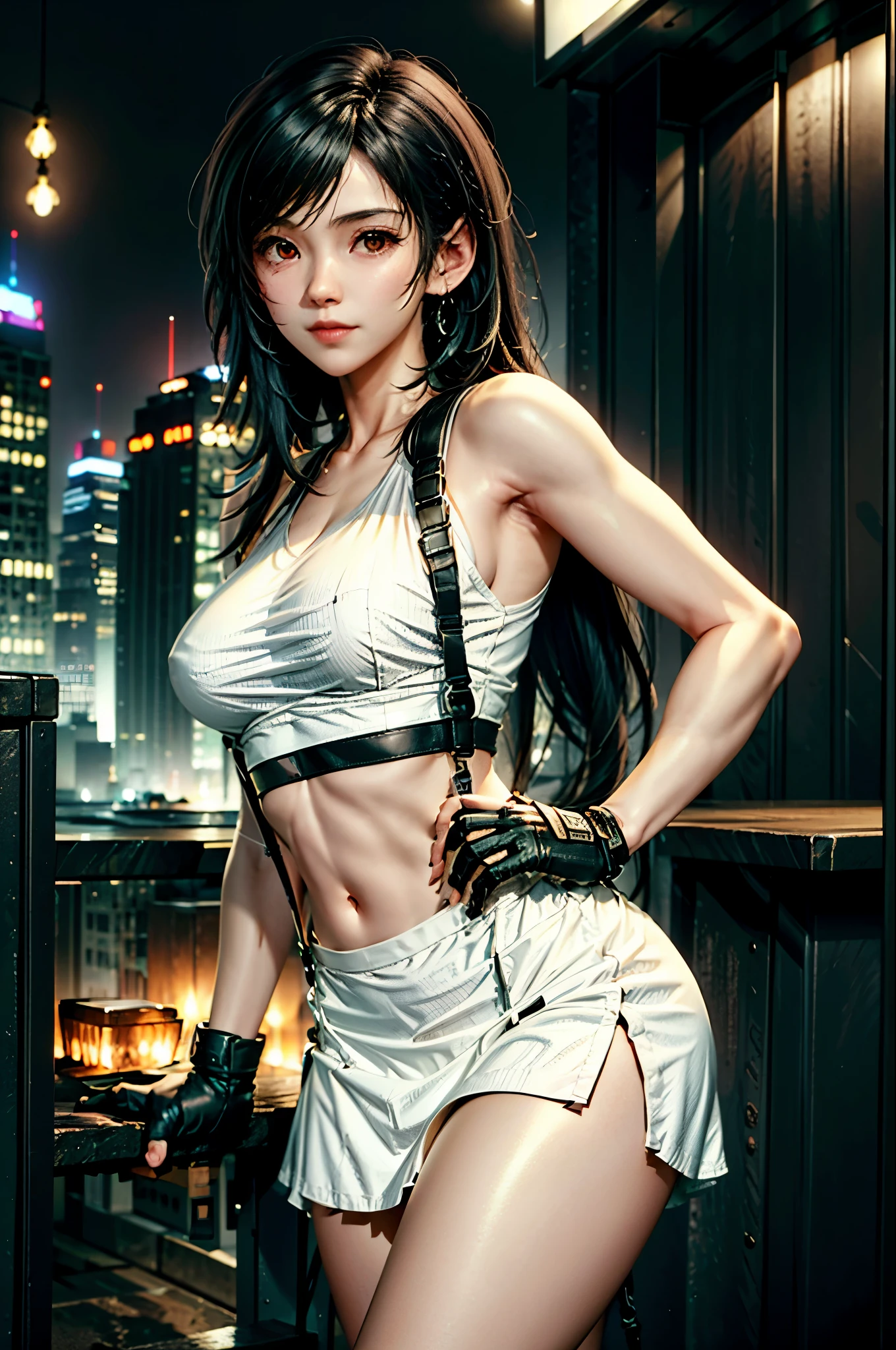 Tifa Lockhart, masutepiece, Best Quality, defTifa, White crop top, elbow pad, Fingerless gloves, suspenders, pencil skirts, Upper body, Looking at Viewer, Leaning forward, Smile, a bar counter, City at night