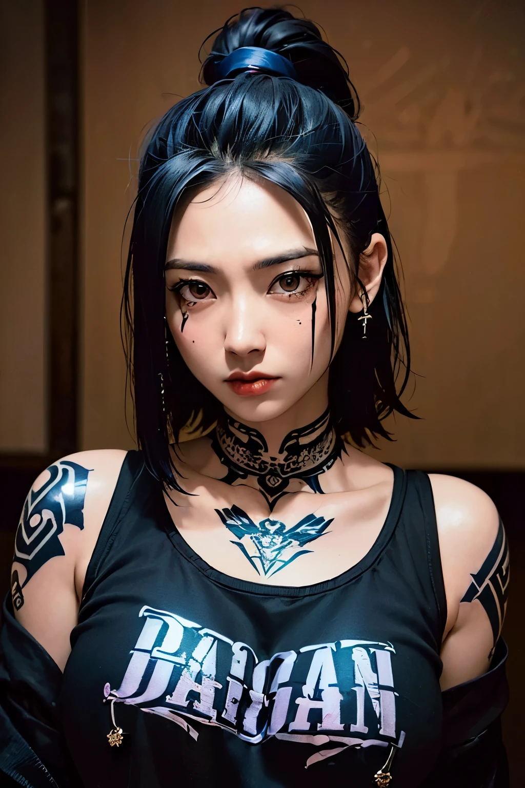 ((Japonese street gang style)), (1Girl, Tough, Fighter, Black long dark blue hair, Wearing street japonese gang dark clothes, ((Many tattoos on the body))), ((In a japonese bar at Night))