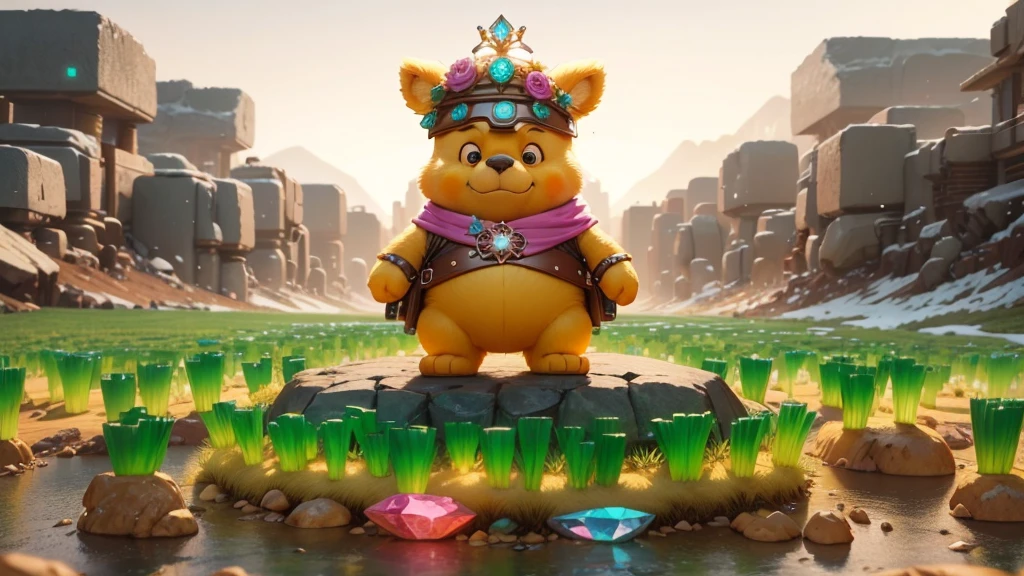 background:cyberpunk,angry Winnie the Pooh stands in the middle with a crown on his head, surrounded by many kneeling leeks,scary Winnie the Pooh with a crown on his head standing in the leek field,fairy wolrd,snow forest and colorfull mushroom,galaxy sky,lighting colorfull butterfly,big moon,blue river,Sakura,more followers,4K, wonderful art beautiful minerals, Rainbow crystals, ultra - detailed, Light up colorful diamonds,jewely,crystal,shine,metallic luster,Glaze color,incredible lighting, ultra - detailed, 8K, Unreal Engine5, a 3D render