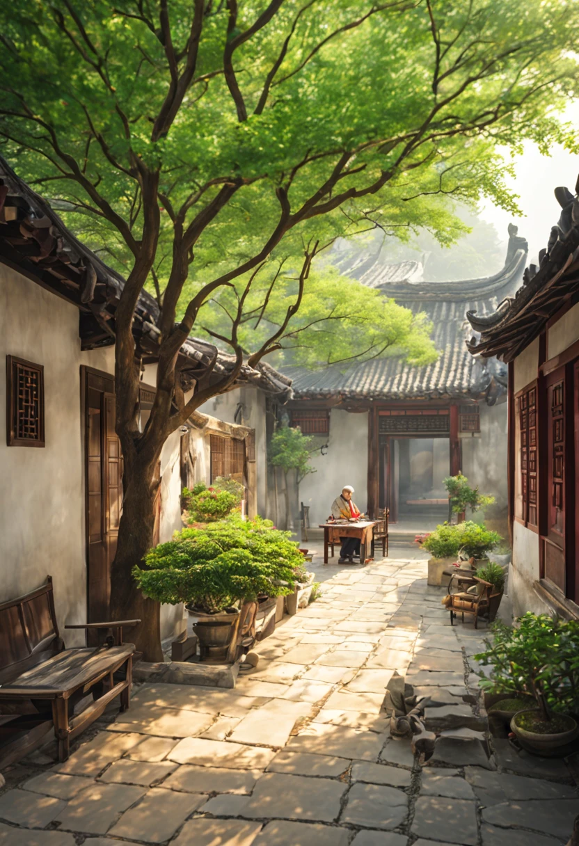 ancient china, Suzhou ancient house with an indoor yard, low white wall surrounding the yard, on the left side of the yard there is only a big crape myrtle tree, under the tree there are stone chairs and a table, there is an old woman sitting on the chair, spring morning
