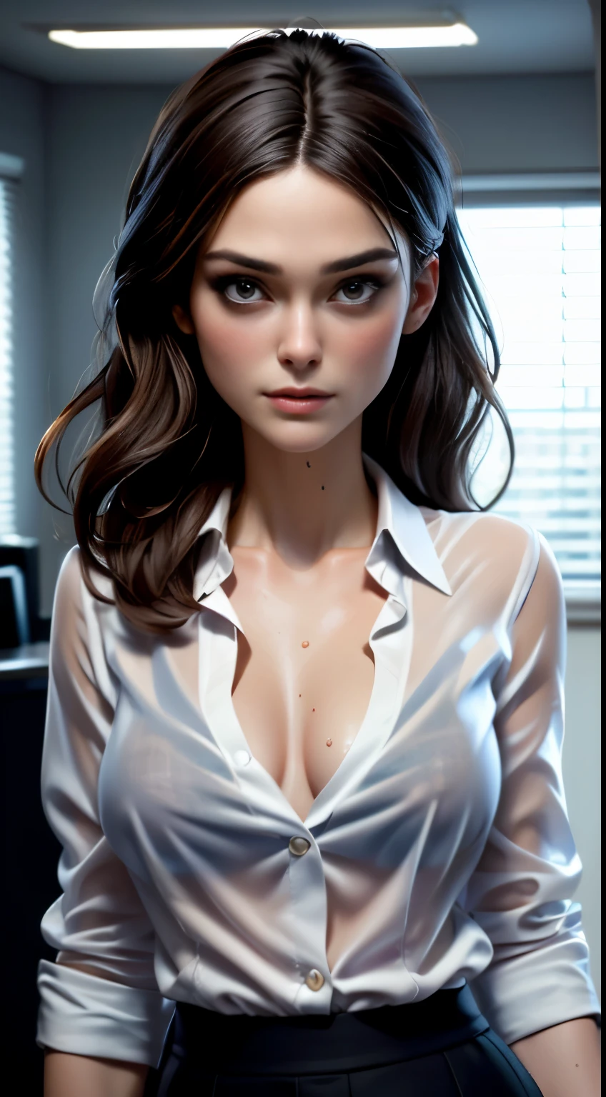 photo of Keira Knightley, RAW, beautiful woman, ((portrait)), ((detailed face:1.2)), ((detailed facial feature, detailed skin, clear skin), (perfect proportioned body, medium breasts), (wearing business attire, open transparent wet shirt, showing her breasts, sexy skirt) (high detailed office environment, closed blinds), (realistic photo, best quality, detailed), (8k wallpaper), (cinematic lighting, dramatic lighting) (sharp focus, intricate)