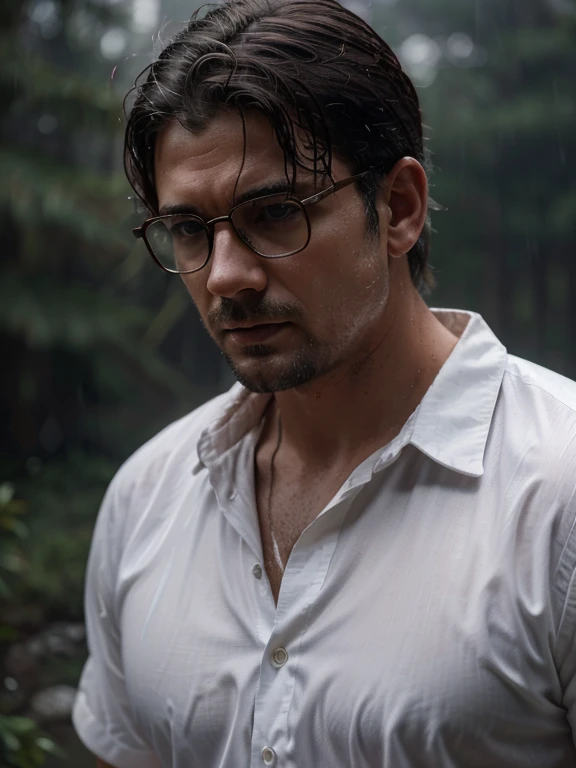 rivulets, wilderness, man with white shirt,glasses, steamy, haze, Timeless, ethereal, Hyper-realistic, Ultra photo realism, tmasterpiece, 8k, in focus, Detailed hair, highly detailed, high quality, High definition, cinematic perspective, rainy weather