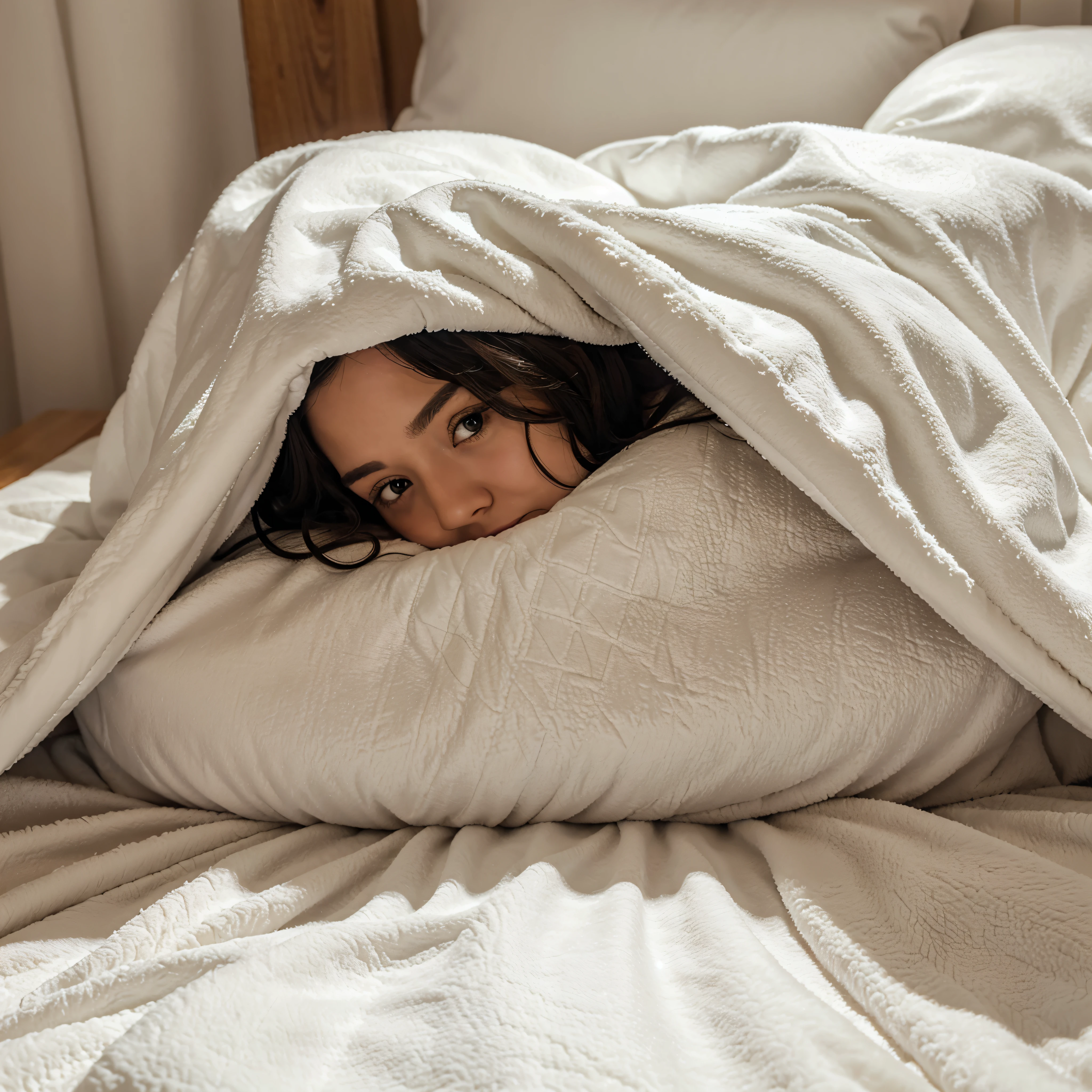 warm blanket: Hidden beneath the softness, fluffy blanket, Provides comfort and coziness on cold nights..