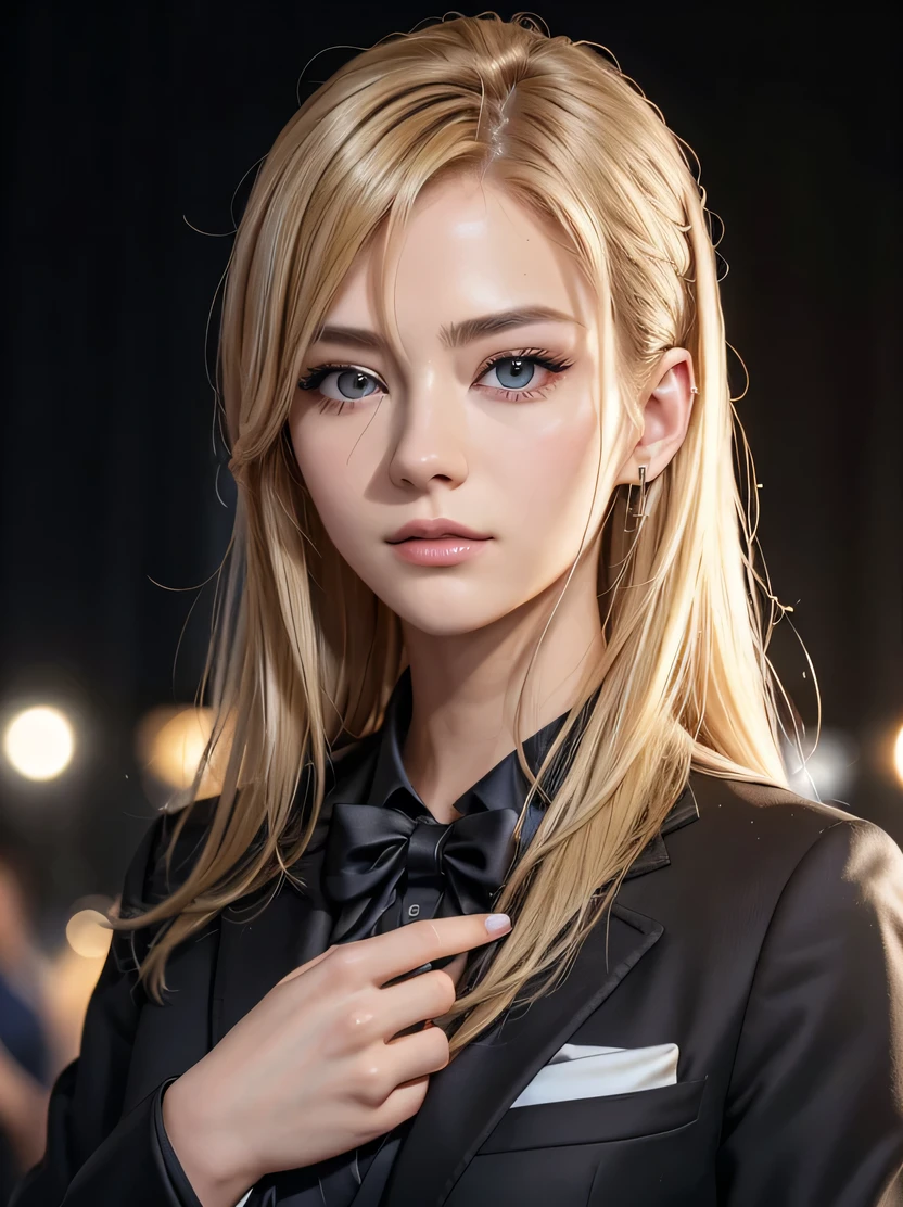 A close up of a woman in a suit and bow tie - SeaArt AI