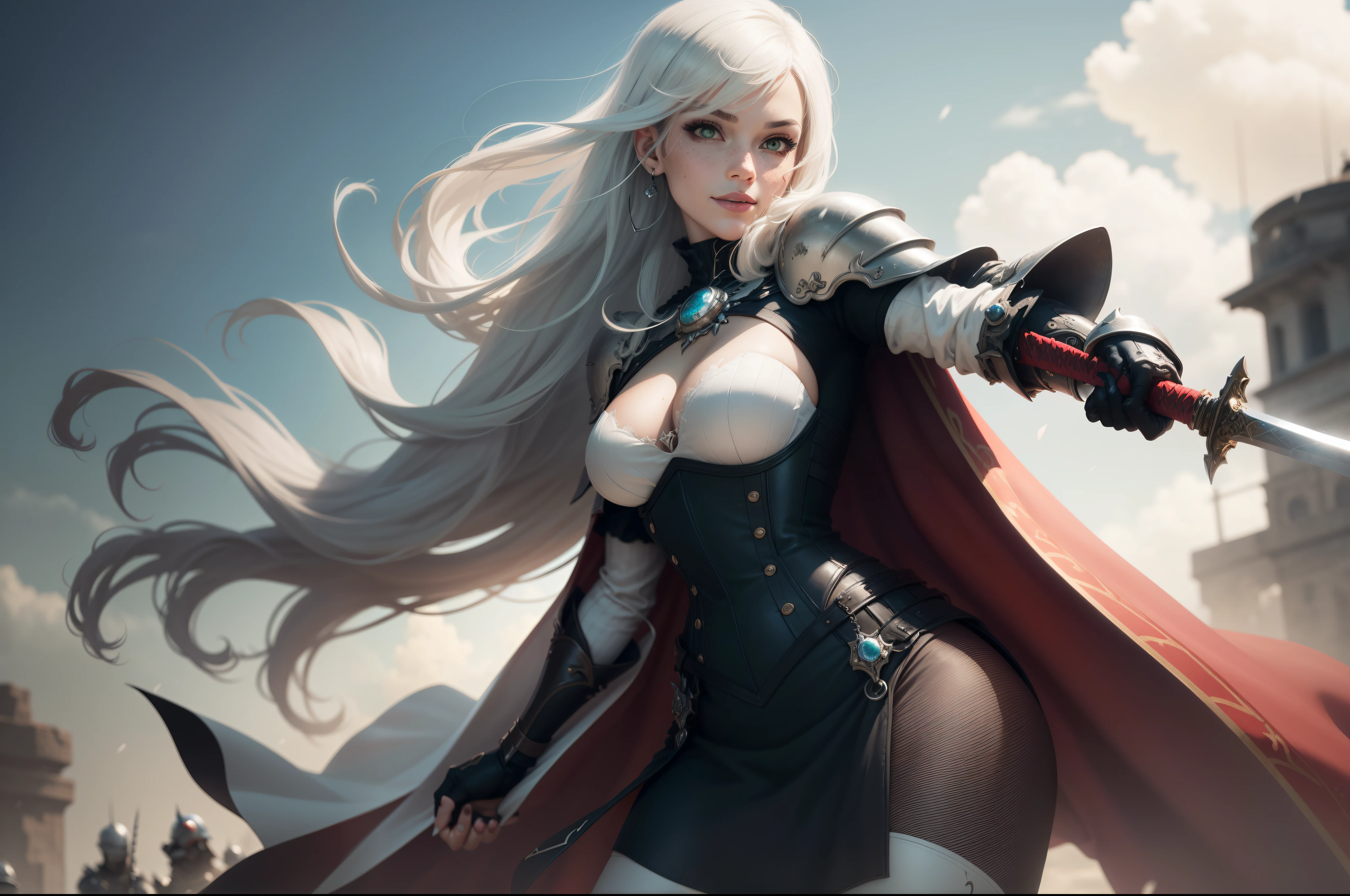gwen tennyson,1girl,yorha 2b,riven,tracer, overwatch,atelier ryza,close up,battlefield view,tattoos,black and white plugsuit,white short sleeve knight top,black knight full steel armor,white leggings,white knight corset,long hair,princess makeup,green eyes,multicolored silver hair,long dress train,fierce smile,freckles,beautiful girl,knight thigh high boots,large breasts,8k,ultra detailed,realistic,fantasy art,silver knight uniform,queen gown dress,hair pin,ear piercings,snowflake hand and neck jewelry,(weather:windy),long scarlet knight cape,holding a sword on each hand,(pose: sword raised ready to attack stance),