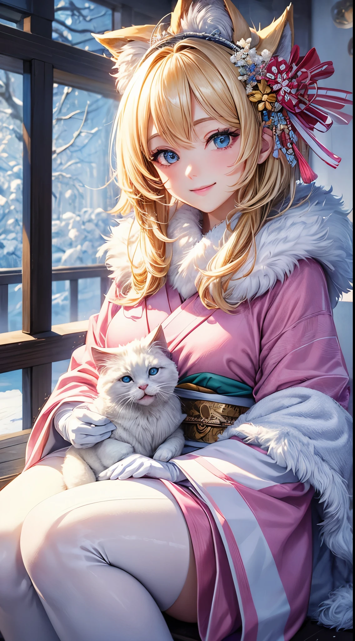 Very detailed CG Unity 8K wallpaper, Cute One Girl, Mature blonde girl, beautiful Girl, hot maiden, pale skin (Super masterpiece, Beautiful person, well detailed face polluted smile, Photorealistic, hyper realisitic), colorful winter pink kimono 、has white fur、 Wearing white gloves,Japanese Style Hair Accessories、Girl holding a cute white cat in her arms, (Light Lighting)、smil,Upper body 、Japan background