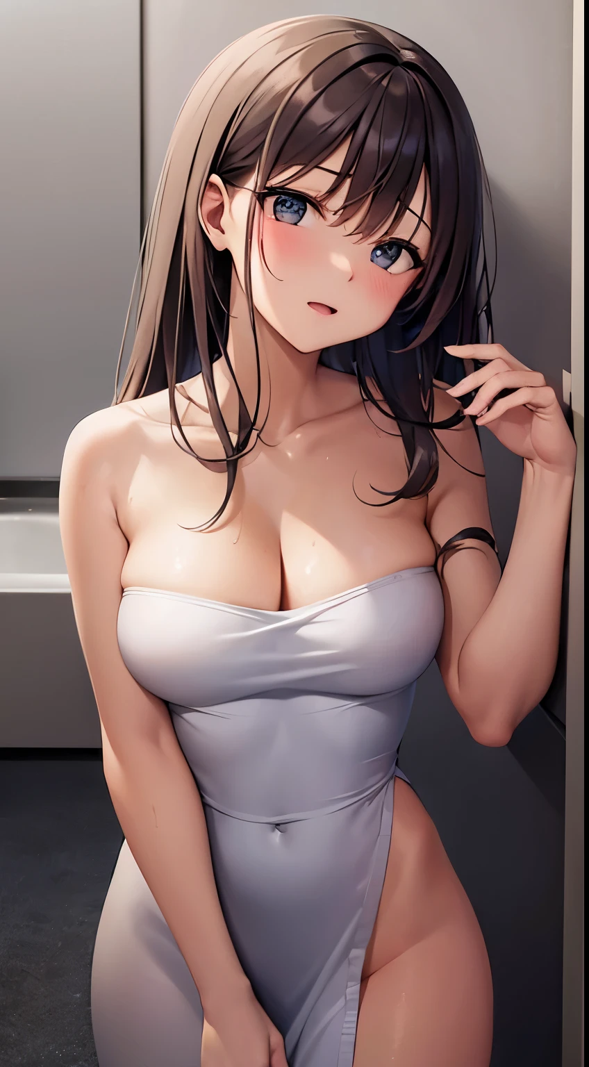 Angle from above, High angle, head tilt, Staring、​masterpiece、top-quality、 A 40-year-old green-eyed woman with wavy lobed brown bangs.、Cleavage is visible、Wrap a bath towel naked、blush, open mouth, The background is the washroom、is standing、Bold composition、Alone、Water droplets on chest, Bare shoulders, collarbone, Thighs, Blush, Sweat, Wet: 1.1,